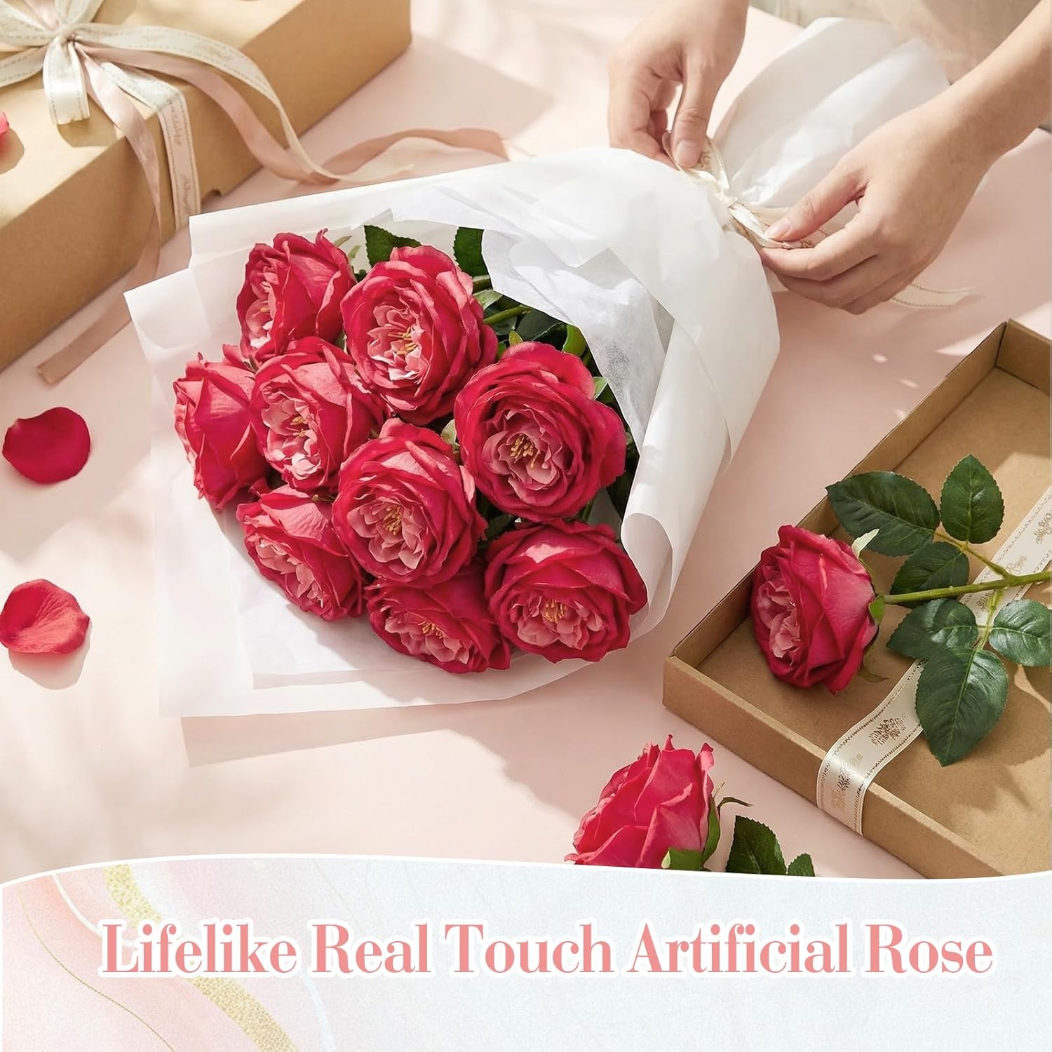 Giegxin 20 Pcs Real to Touch Peonies Austin Roses Artificial Flowers, Faux Look Real Long Stems Fake Flower with Big Blooms for Christmas Valentines Wedding DIY Arrangement Home Decor(Rose Red)