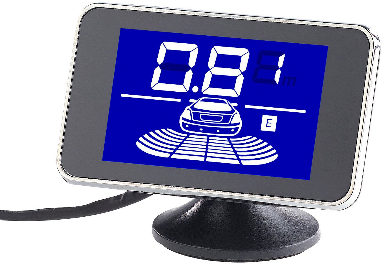 Lescars Rückfahrhilfe: Funk-Ultraschall-Einparkhilfe in Kennzeichen-Halter, mit LCD-Display (Einparkhilfe ohne Bohren, Parksensoren, Kfz)