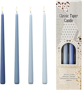 4 Pack Taper Candles, Ombre Blue Candles Long Burning, Smokeless Unscented Pillar Candles, Long Lasting Dinner Candles, Clean Material, Fits Most Candle Holders for Restaurant Home Christmas