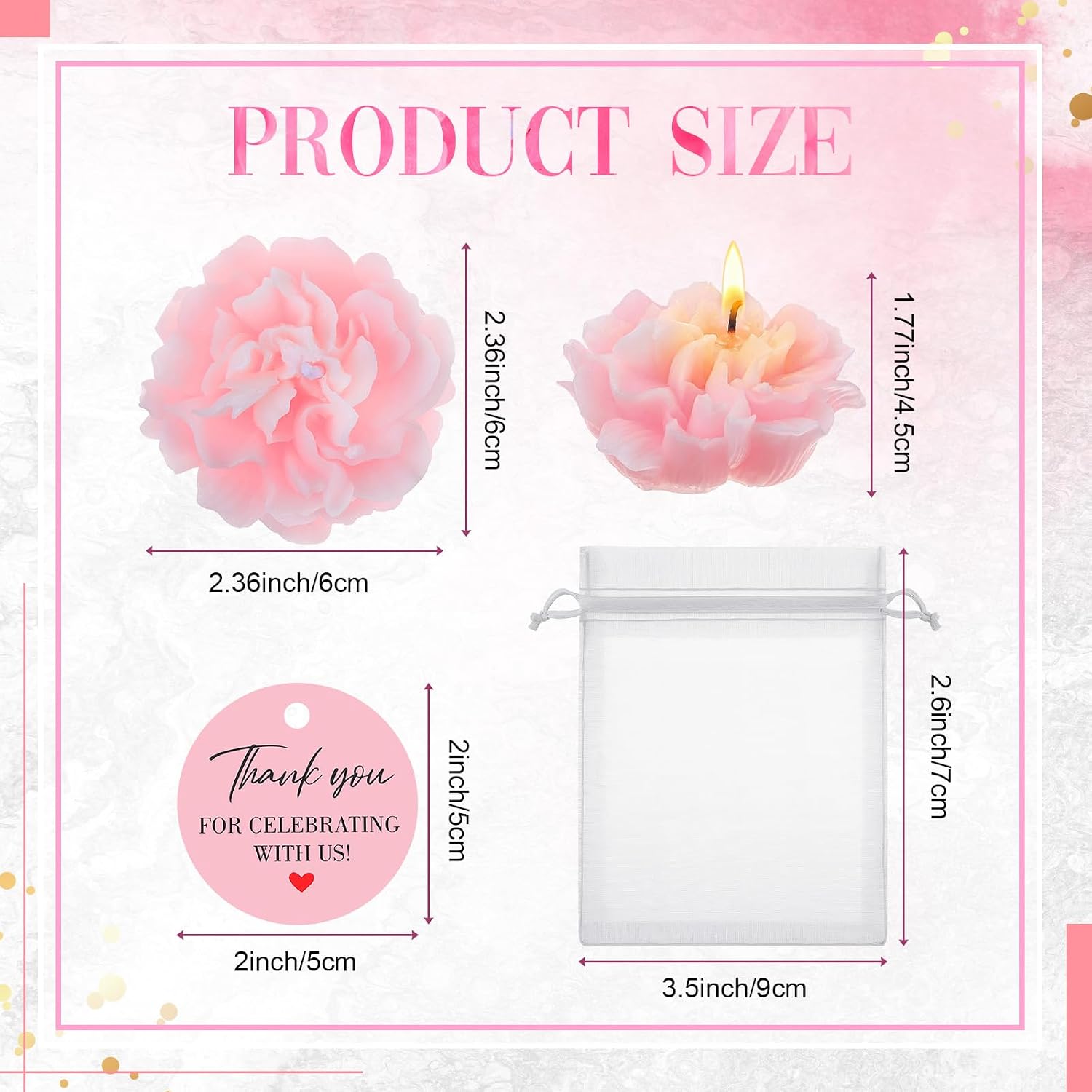 Demissle 24 Set Carnation Shaped Mini Candles for Guests Baby Shower Candle Favors Including 24 Pcs Mini Tea Light Candles with Thank Tags and Return Gifts Bag for Girls Wedding Bridal Guest Gift