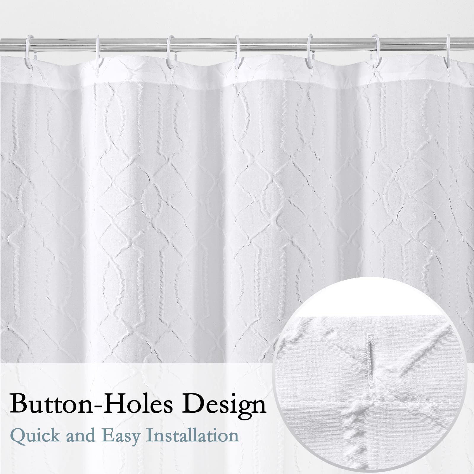 Gibelle Rideau de Douche Extra Long 183 x 213 cm, Grand, en Tissu Blanc texturé en Relief 3D, Rideau de Douche Moderne et élégant pour Salle de Bain avec Crochets