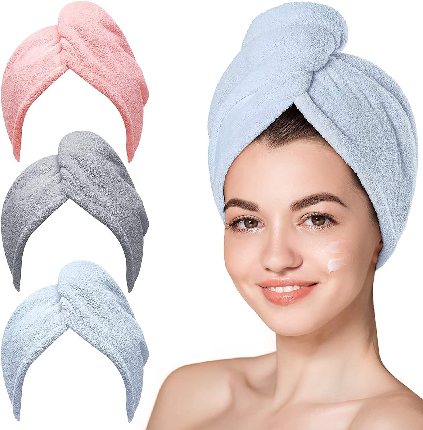 NOG Microfiber Hair Towel Wrap Super Absorbent Twist Turban for Women Fast Drying Hair Caps with Buttons for Drying Curly, Long & Thick Hair Anti Frizz - Pack of 3 (Purple, Grey, Pink)