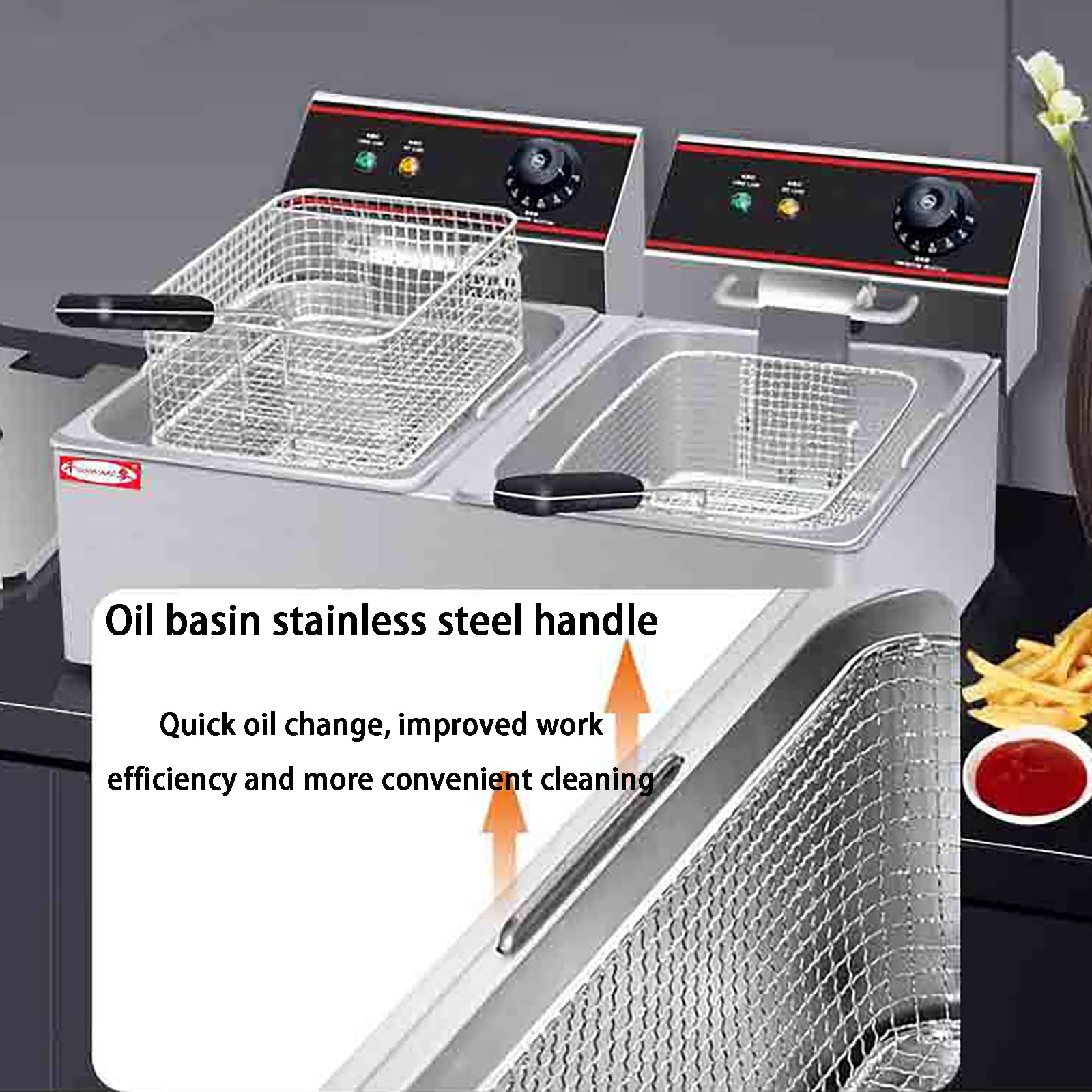 Friggitrice Elettrica da Banco Commerciale in Acciaio Inossidabile con Cestello E Coperchio per Patatine Fritte, Pollo, Ciambelle E Altro, Facile da Pulire (B 12L)
