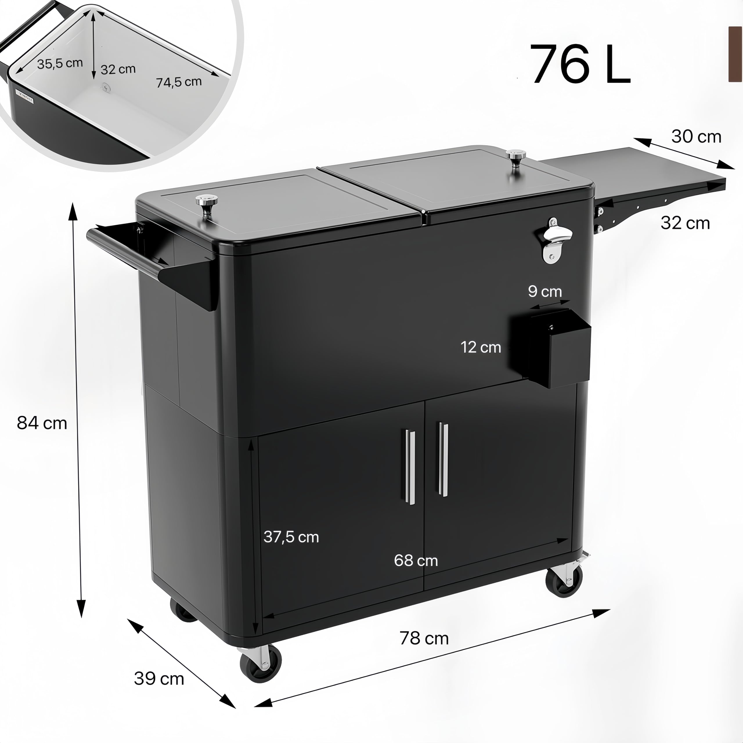 Bonnlo 76L Refrigeratore per bevande su ruote con armadietto – Carrello frigorifero portatile con apribottiglie, scarico e rotelle, carrello da servizio, frigo per giardino, terrazza, piscina e feste