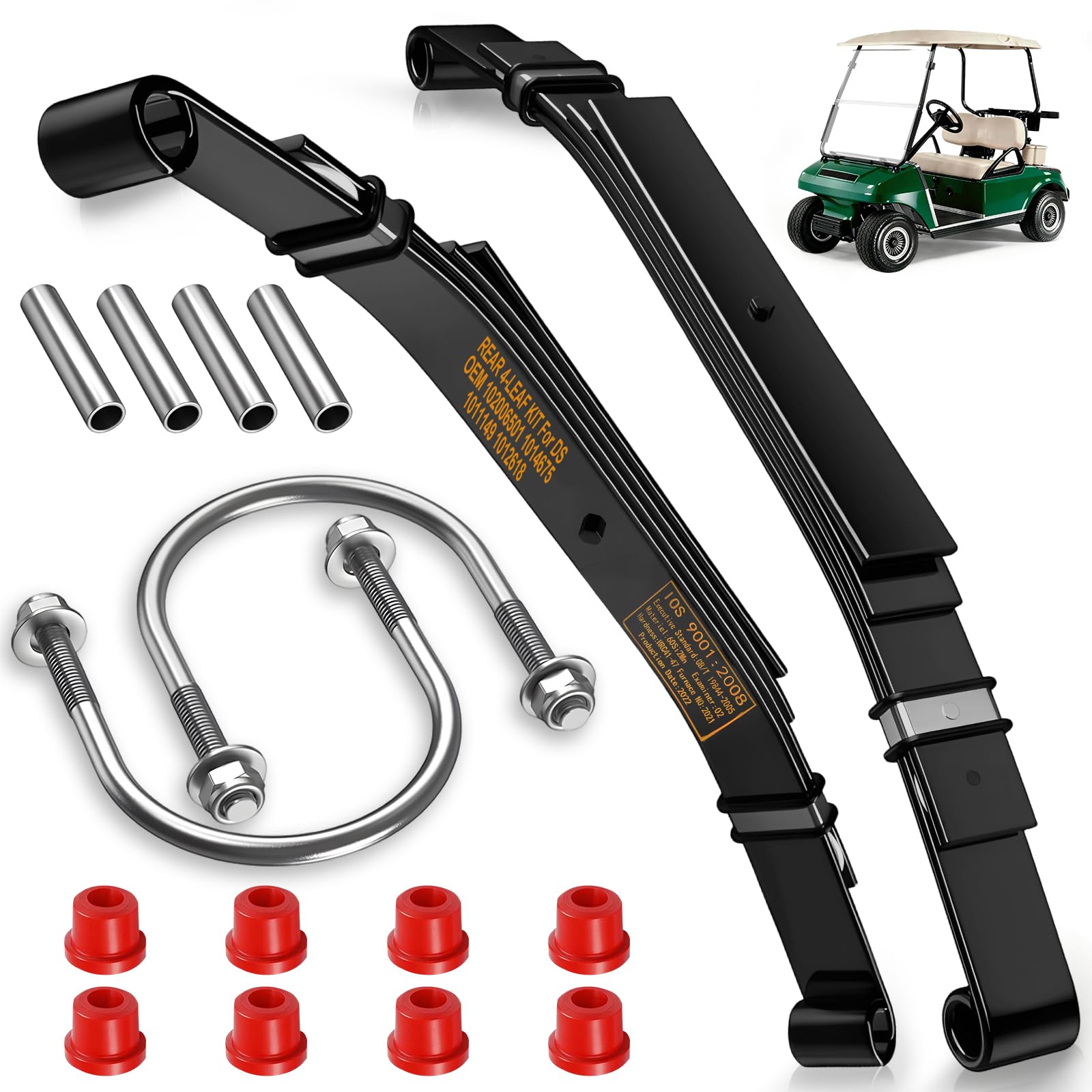 Cartalia Upgraded Heavy Duty Rear 4-Leaf Springs Kit for Club Car DS 1981-Up Gas & Electric Golf Cart Suspension with Bushings Sleeves U-Bolts Replace
