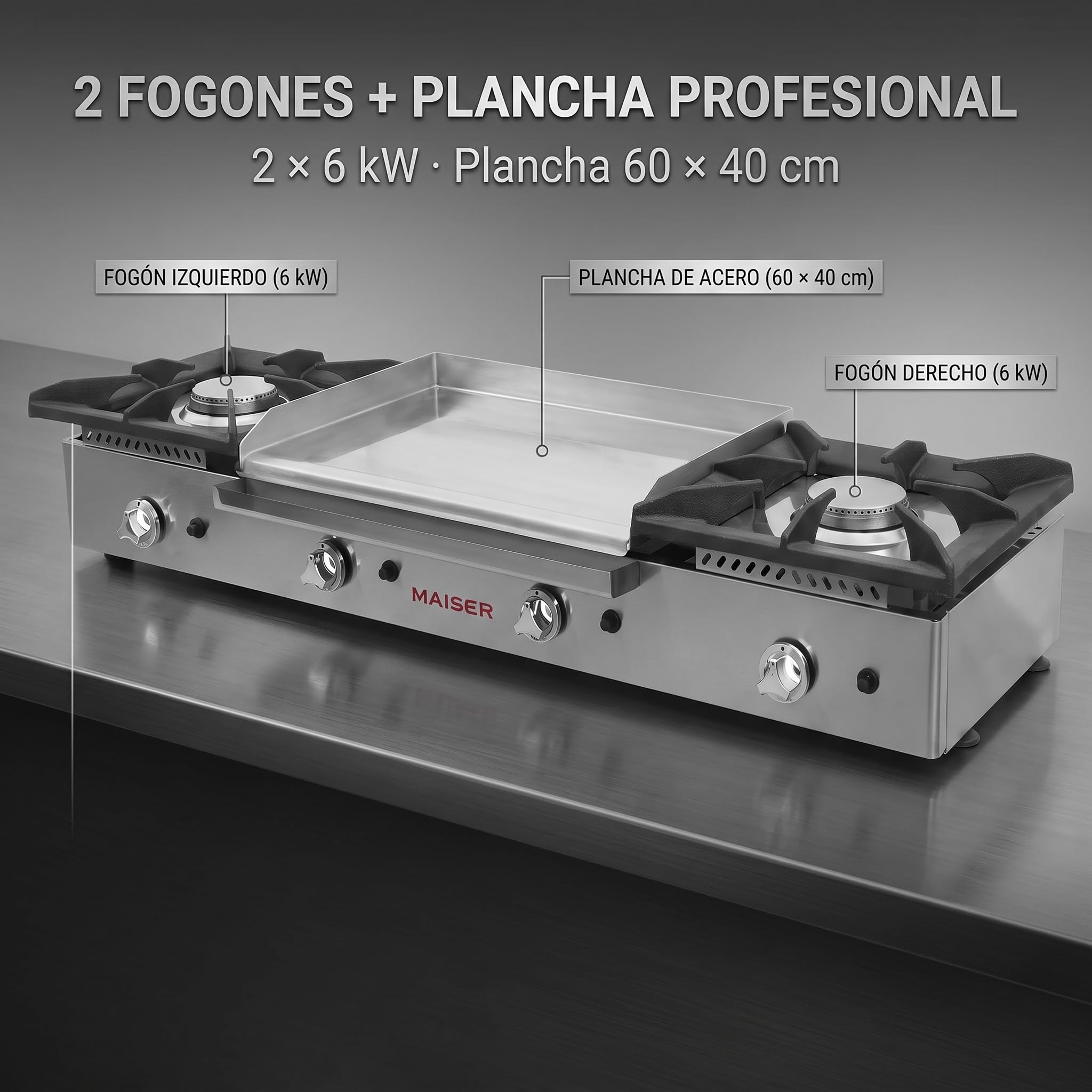 Cocina Gas Butano con Plancha Cromo Duro 60 cm, 2 Fuegos