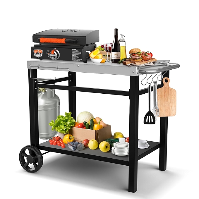 户外烧烤桌车 - 适用于Ninja Woodfire Outdoor Grill OG700系列，双层移动披萨烤箱桌，304不锈钢厨房岛