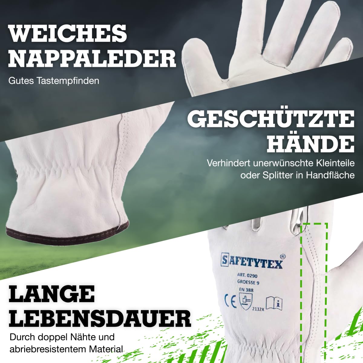 Safetytex Nappaleder Arbeitshandschuhe Naturfarben (Gr.12, 12 Paar) | Leder Schweißerhandschuhe, robuste Montagehandschuhe, optimaler Schutz, höchste Ansprüche, langlebig