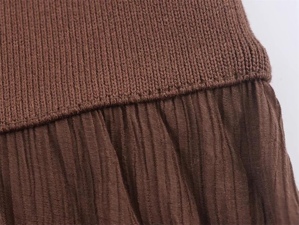 Women Solid Color O-Neck Sleeveless Knitted Patchwork Dress Pleated Splicing Party Casual Long Dress