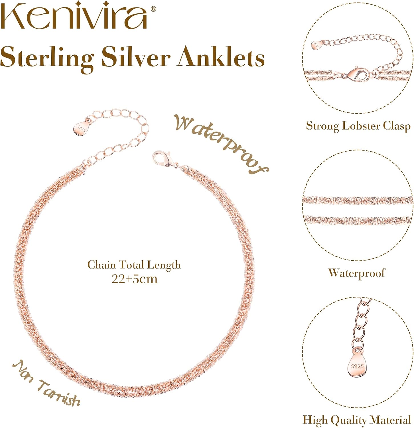 Kenivira Sterling Silver Ankle Bracelets for Women,Gold Dainty Layered Waterproof Anklet for Women, Anklet Set Stackable Beach Gift Adjustable Size