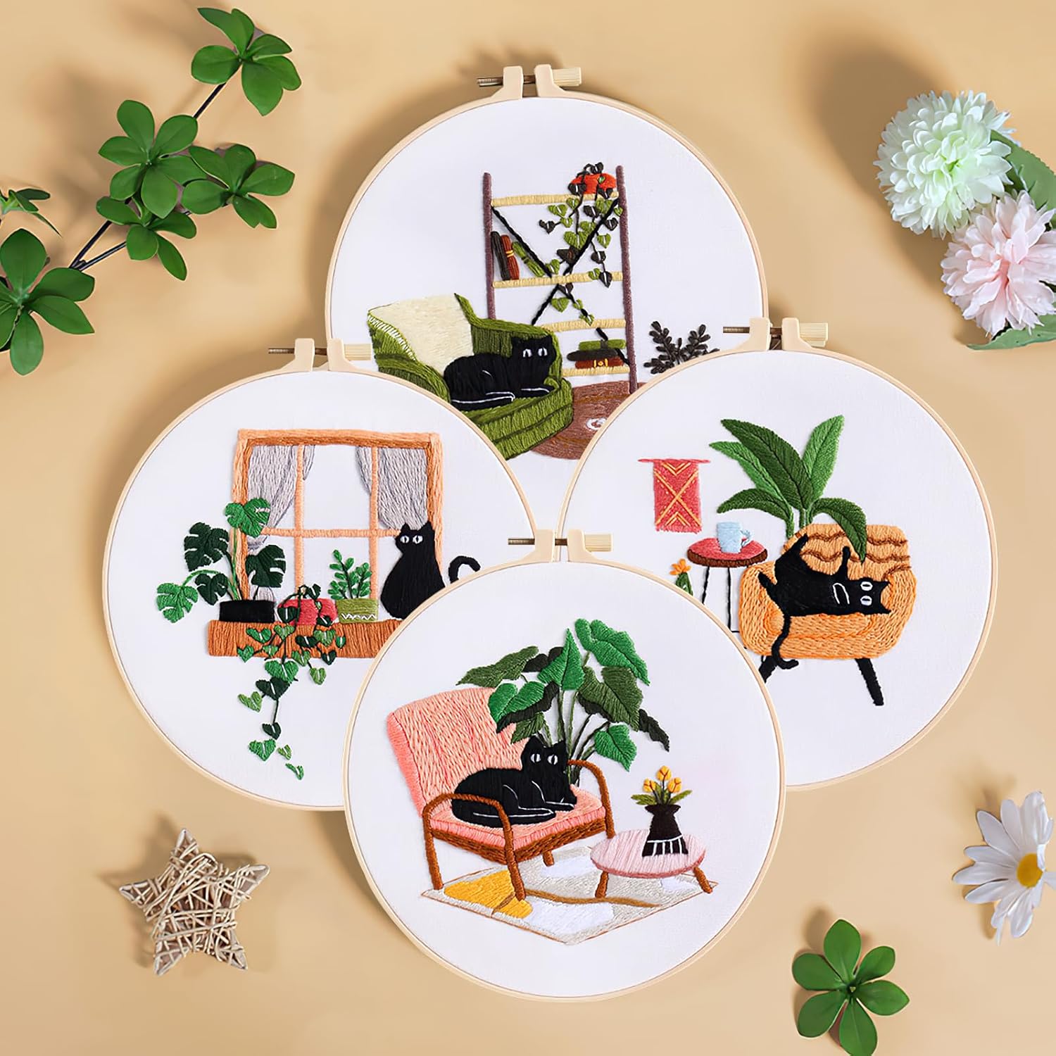 LOMOHOO 4 Sets Cat Embroidery Kit for Beginners, Cute Cat Pattern, Starter Craft DIY Embroidery Sets (Black Cat)