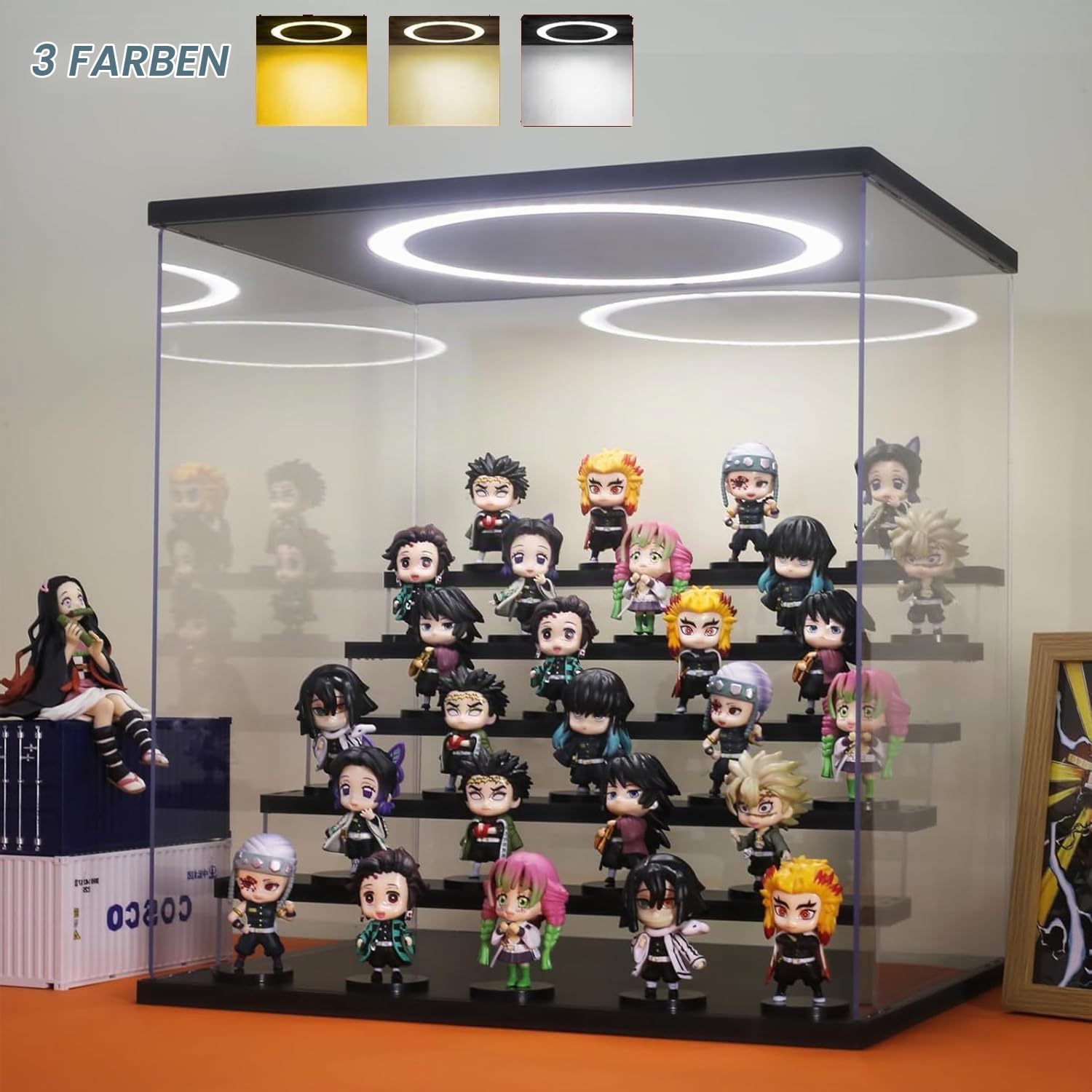 Acryl Vitrine mit LED Beleuchtung, Schaukasten für Figuren 39x30x38 cm | Display Case mit 3 Leuchtungsmode, Helligkeit einstellbar, Vitrine mit Tür und 5 Ablagen, Schwarz-sockel