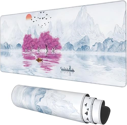 Alfombrilla para escritorio, pintura al óleo de árbol de cerezo en flor extendida para mouse de juegos grande, 35.4"x15.7" gran alfombrilla de mouse
