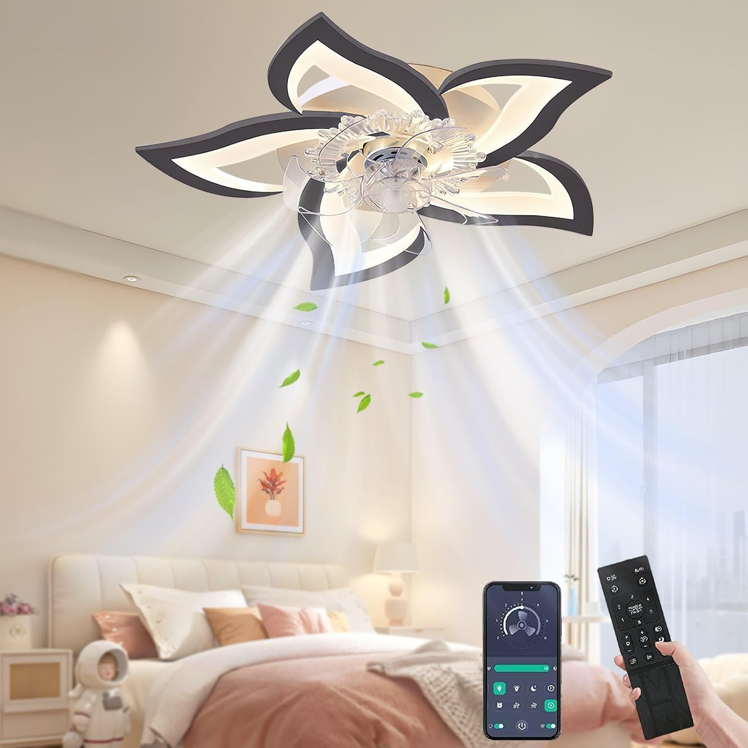 Ventilateur de plafond avec Lumiere et télécommande, 3 températures de couleur et 6 vitess