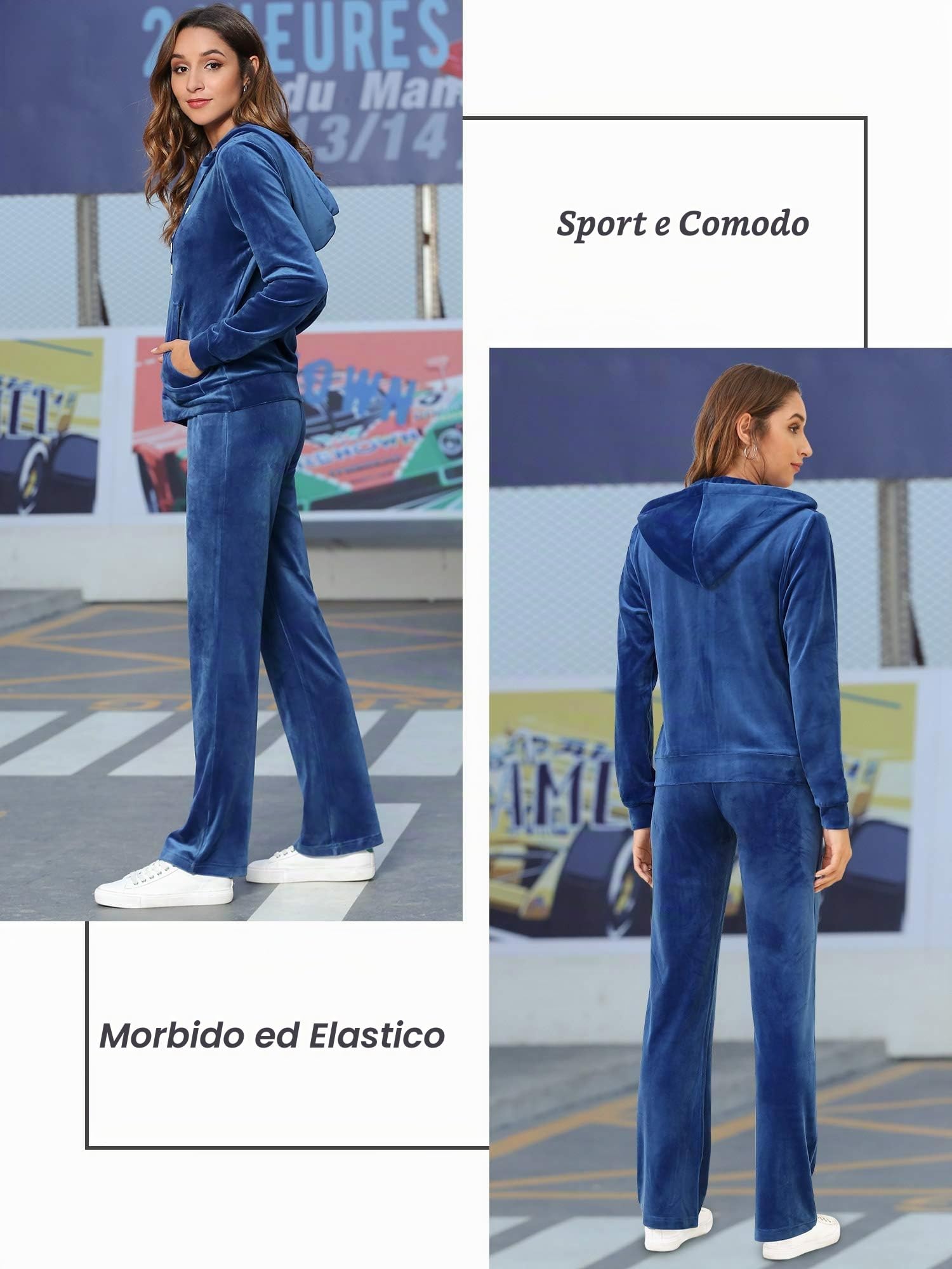MessBebe - Tuta da donna in velluto, con cappuccio, a maniche lunghe, stile casual, completo in 2 pezzi