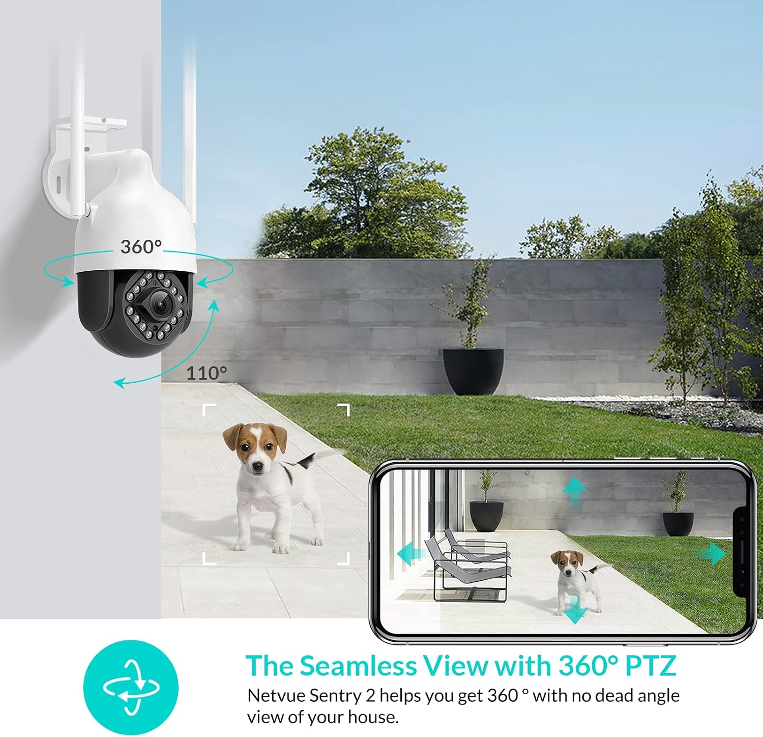 NETVUE Sentry 2 Outdoor Security Camera with 360 degree pan and 110 degree tilt functionality.
