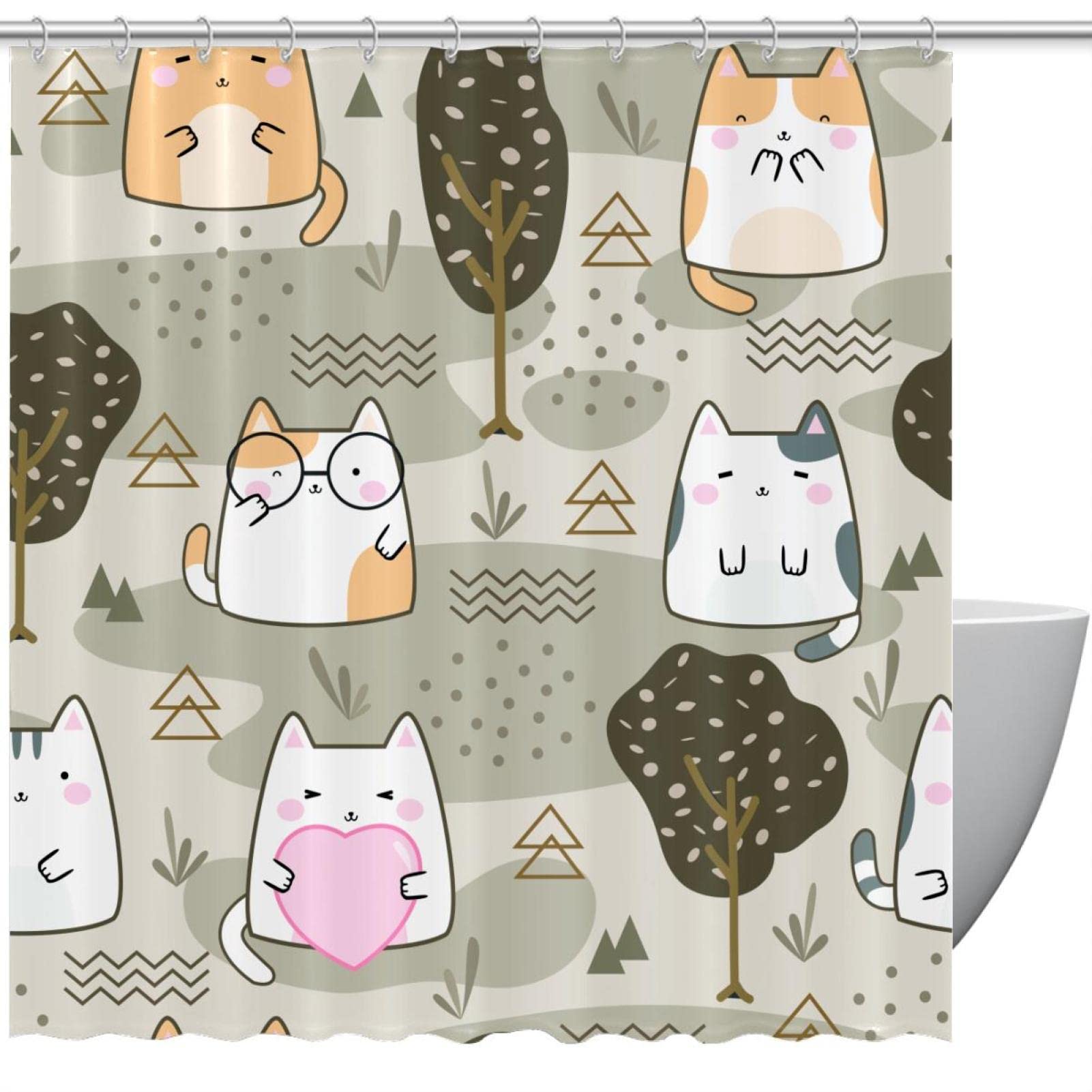 Rideau de douche imperméable lavable avec 12 crochets motif chats Kawaii