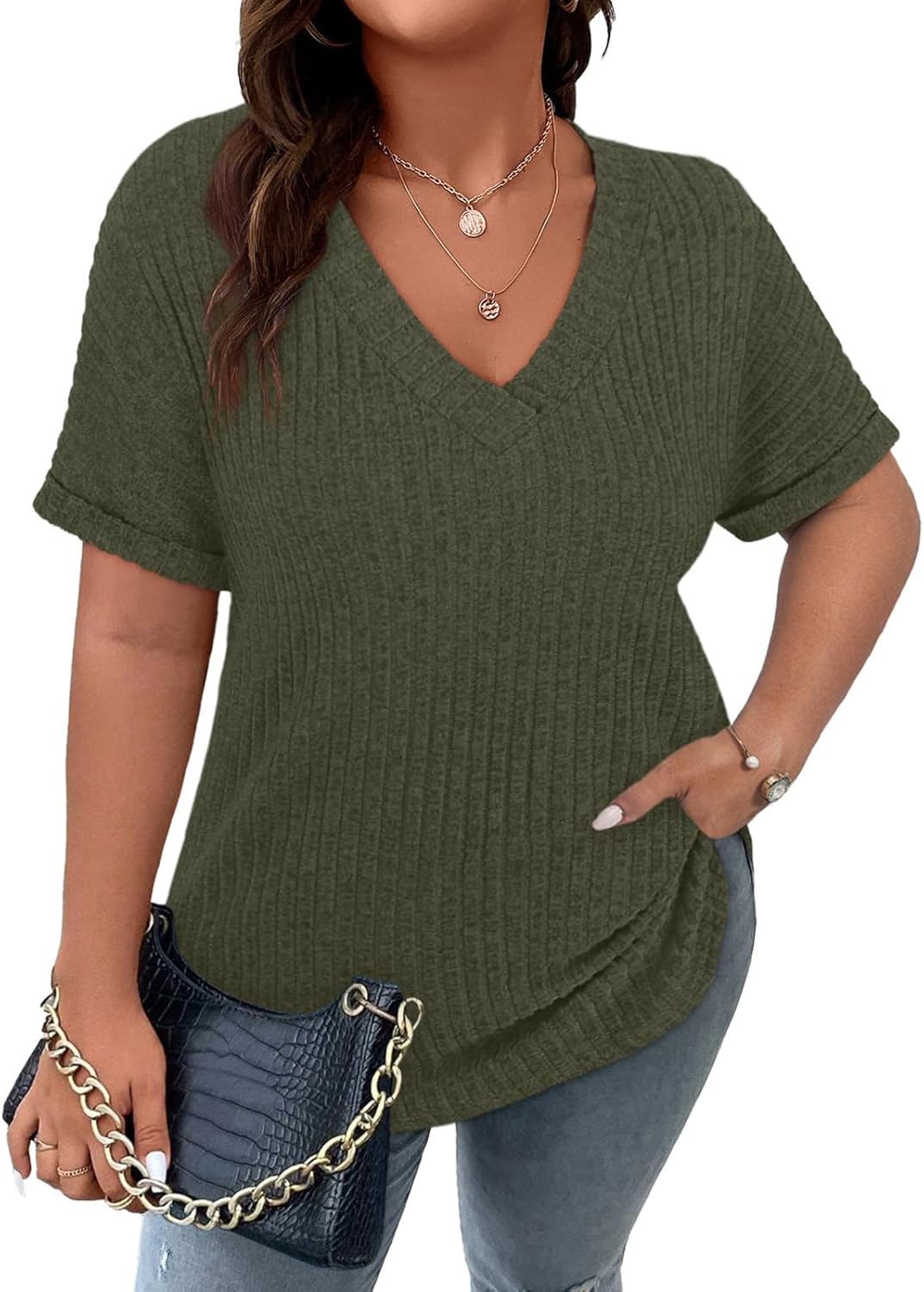 Cucuchy Style Womens Plus Size Tops Casual V Neck Shirts Short Sleeve Solid Color Blouses