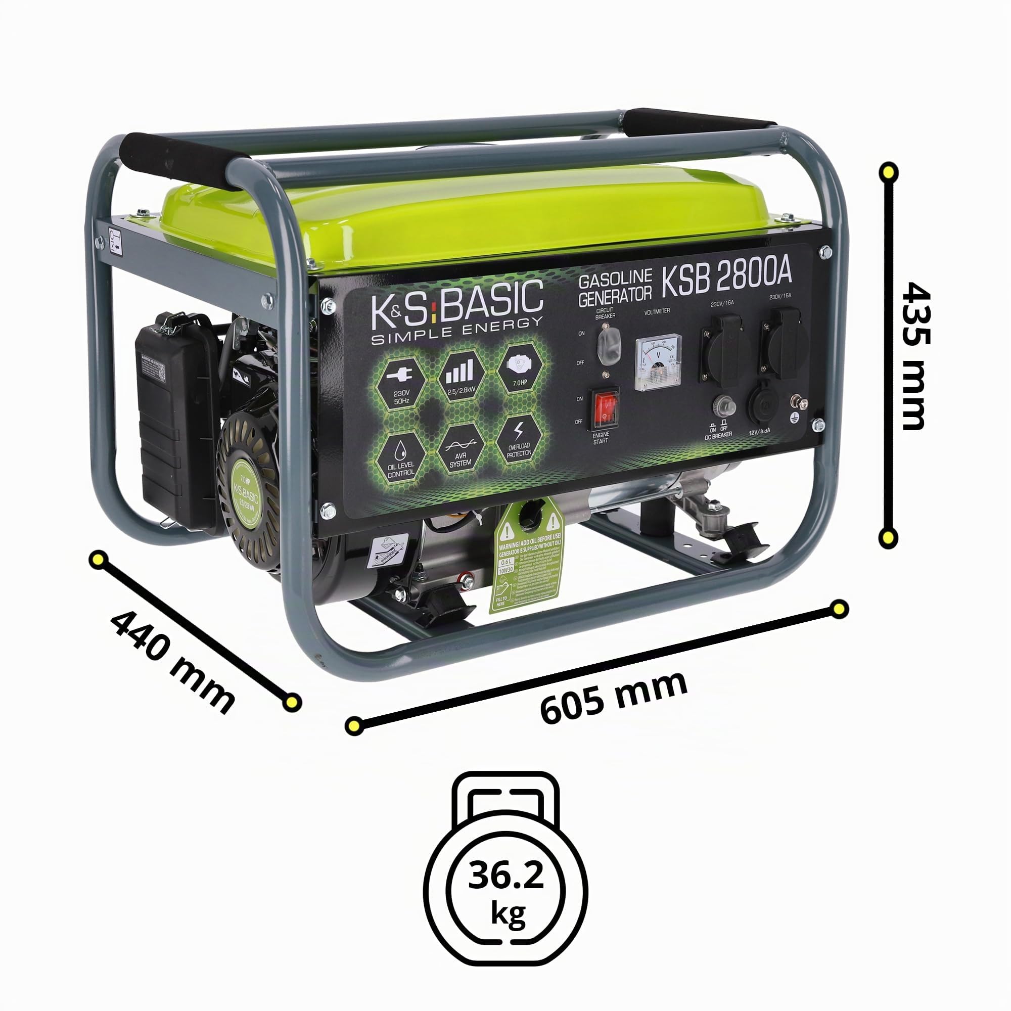 Groupe électrogène à essence KSB 2800A, puissance maximale 2800W, démarrage manuel, régulateur de tension automatique (AVR), voltmètre, 2x16A (230V), sortie 12V, alternateur en aluminium.