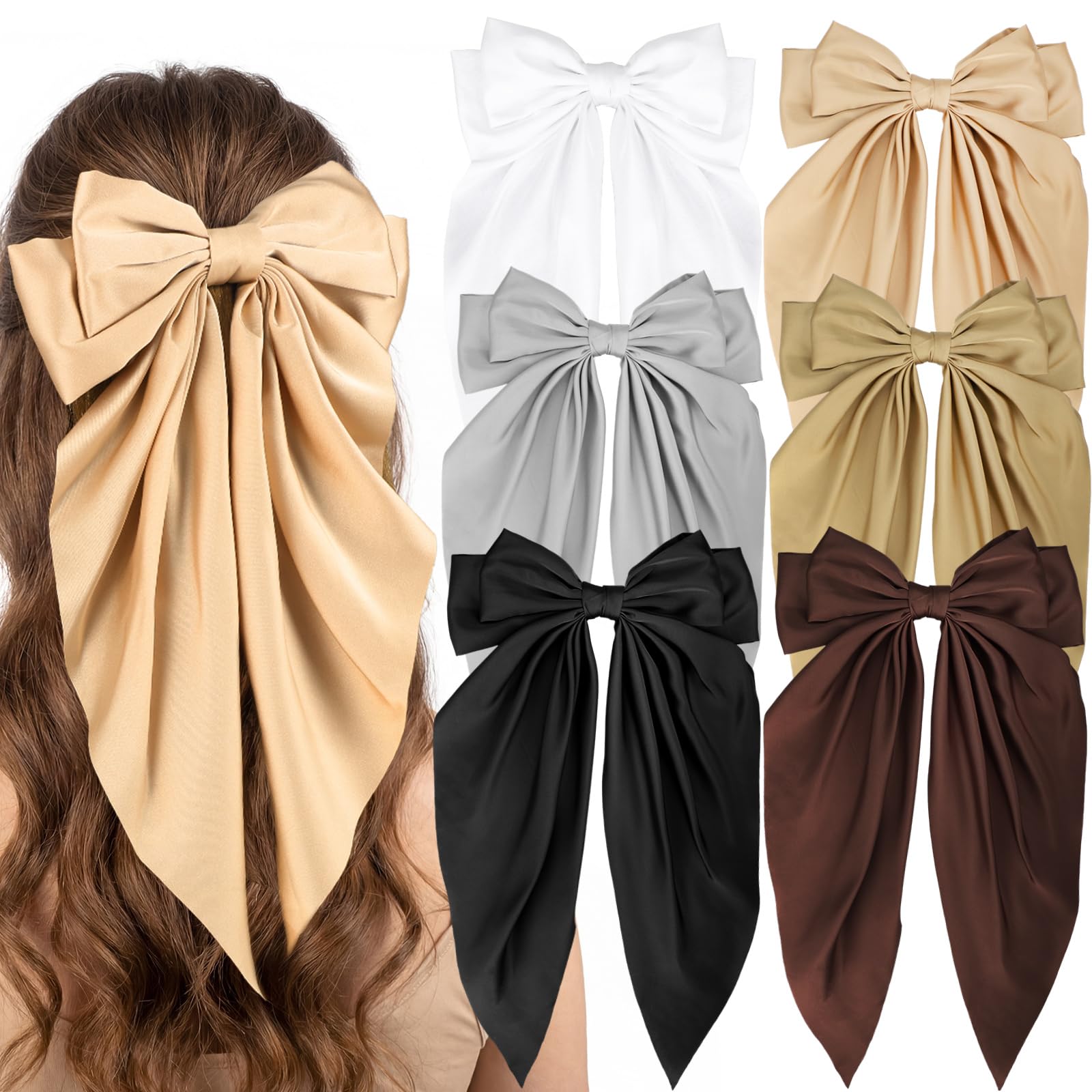 obeoby 6 Pcs Long Big Hair Bows Clips Barrettes Accessories For Women Girls 1 Count (Pack of 6) White, black, brown, gold