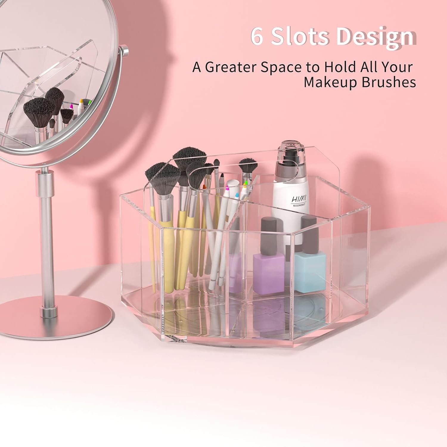 NIUBEE Acrylic Pen Pencil Holder 6 Compartments, Multi-capacity Marker Storage Art Supply Organizer, 360° Rotating Clear Pencil Cup Makeup Brush Organizer for Desk