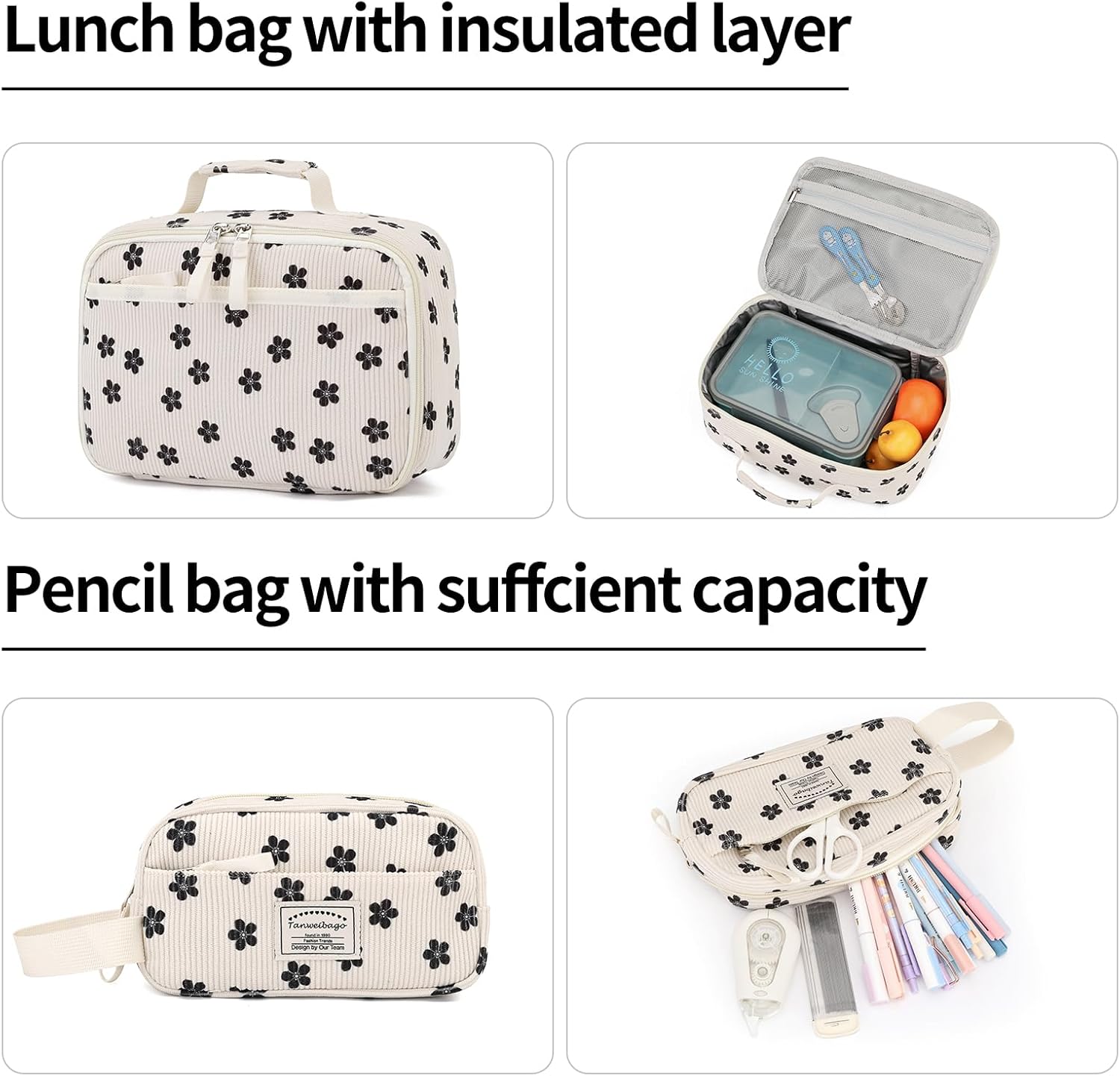 Backpack for Girls Boy Teen Corduroy Bookbags Elementary Middle High School Women Laptop Bag with Lunch Box Pencil Bag (Flower Black) - Image 5