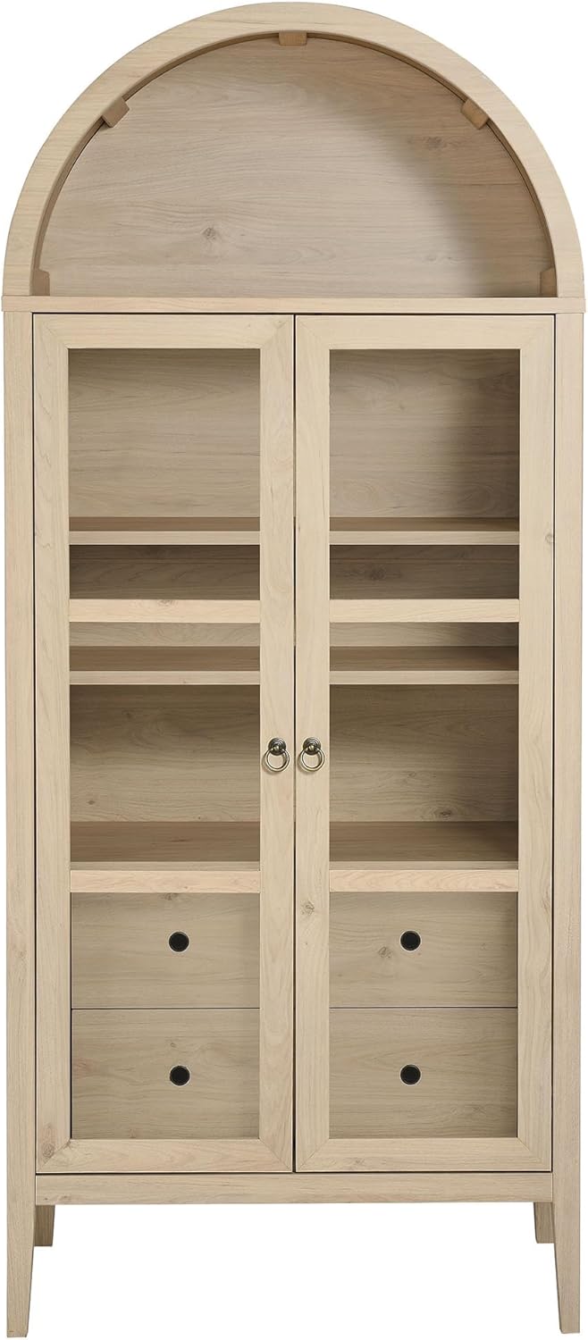 Modway Nolan Modern Farmhouse 71 Inch Tall Arched Storage Display Cabinet in Light Oak Wood Grain - 4-Tier Bookcase with Glass Doors and Shelves - Arch Accent Cabinet for Living Room