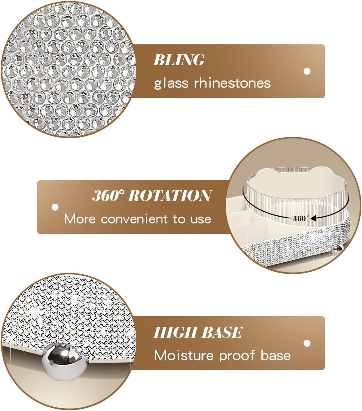 Yivaiks 360° Rotate Bling Makeup Organizer for Vanity Cosmetic Countertop Rhinestones Makeup Brush Holder Skincare Organizers Desk Storage Accessories