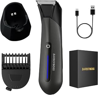 BarberBoss Intim und Körperhaartrimmer für Männer, wasserdichter Hodenrasierer, Trimmer mit Keramik-Titan-Klinge, verstellbarem Kammaufsatz, LED-Licht, Intimpflege-Set für Männer (Schwarz)