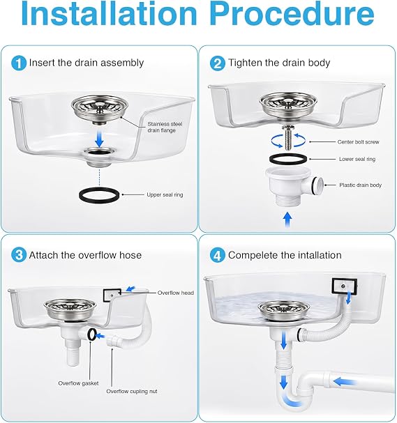 Belofay Kitchen Sink Waste Kit, Overflow Kit – Stainless Steel Sink Strainer Plug, 114mm Kitchen Sinks Drain with Overflow Pipes & Square Cover, Durable Sinks Strainer System for Clean Drainage