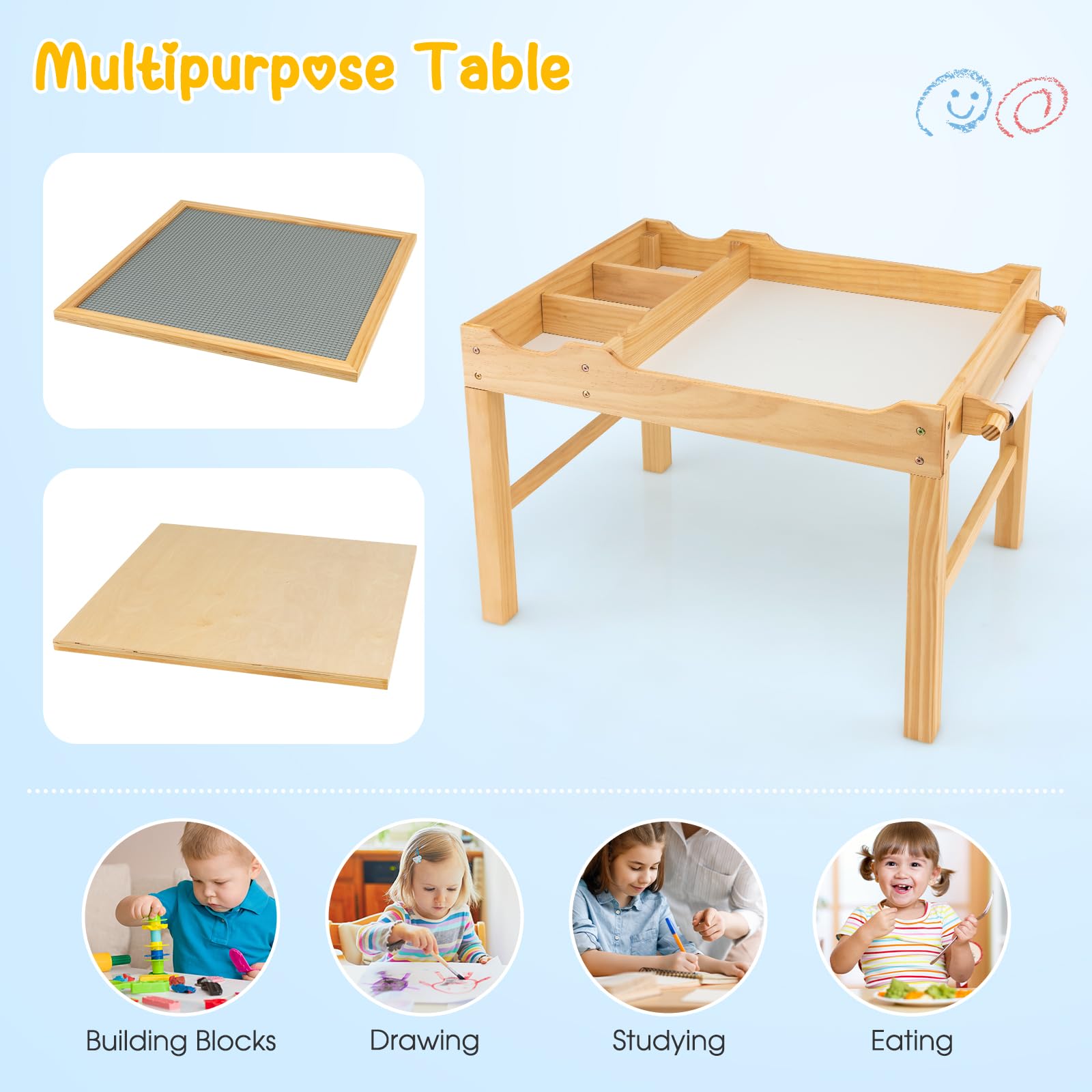 GOPLUS Table d'activités 2 en 1 avec plateau réversible, table de construction pour enfants de 3 ans et plus avec espace de rangement classé, table de jeu en bois avec barre latérale, 86,5 x 60 x 57