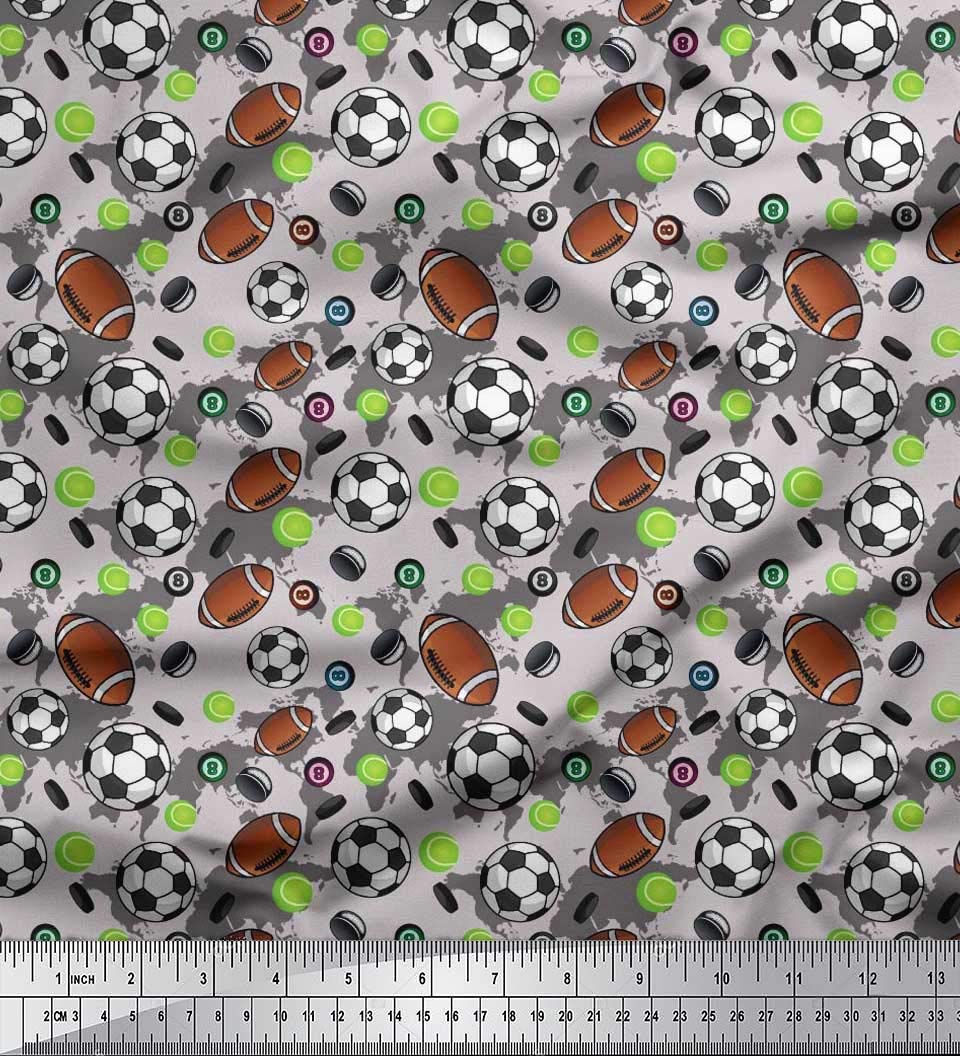Soimoi Silk Grey Fabric - by The Yard - 42 Inch Wide - Cricket Ball, Rugby & Football Sports - Tri-Sport Extravaganza with Cricket Ball, Rugby, and Football Prints Printed Fabric