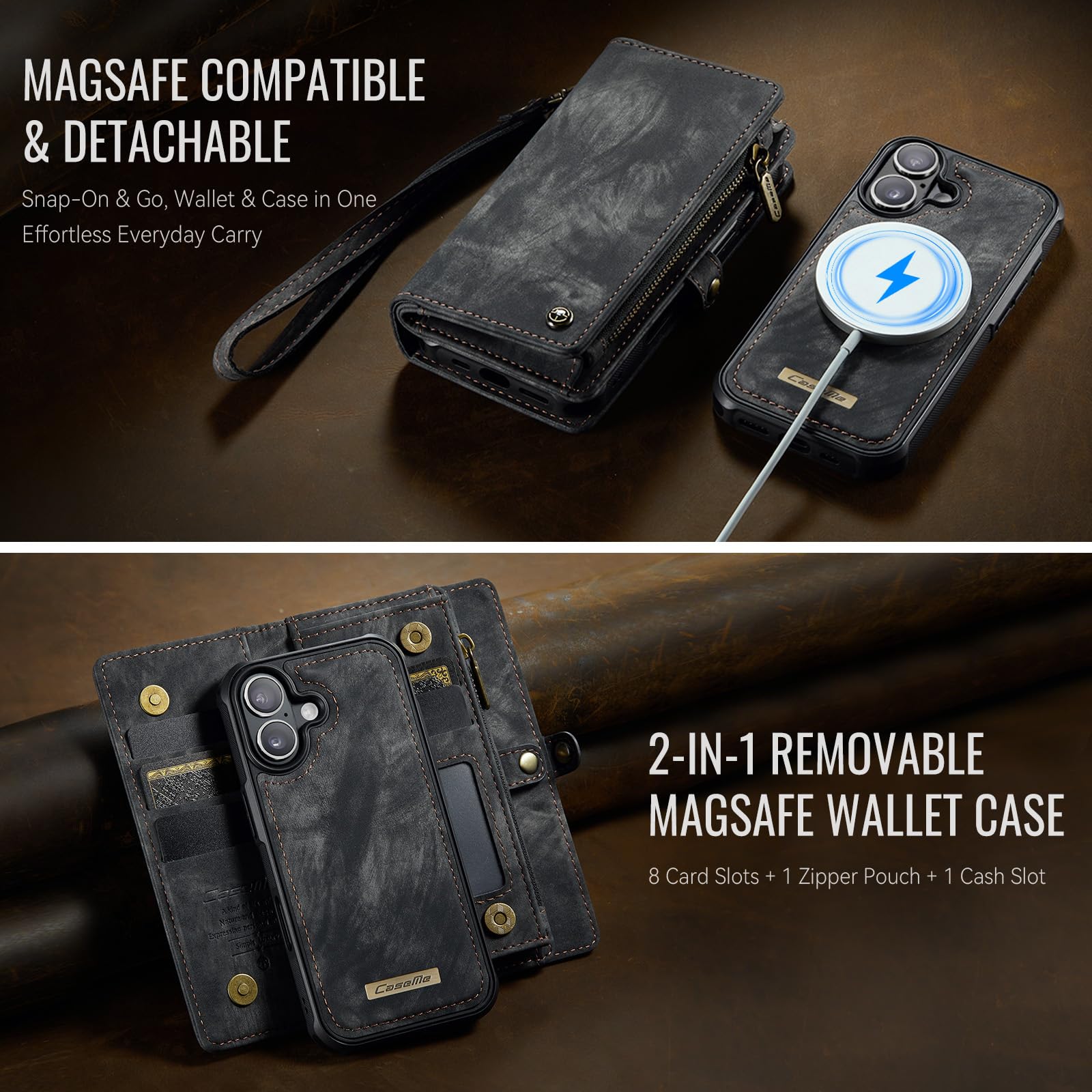 Etui portfelowe na iPhone'a 17 z 8 przegródkami na karty, magnetyczne zamknięcie, kieszeń na zamek błyskawiczny, odpinane magnetyczne wzornictwo 2 w 1, wysokiej jakości skóra PU, z paskiem na