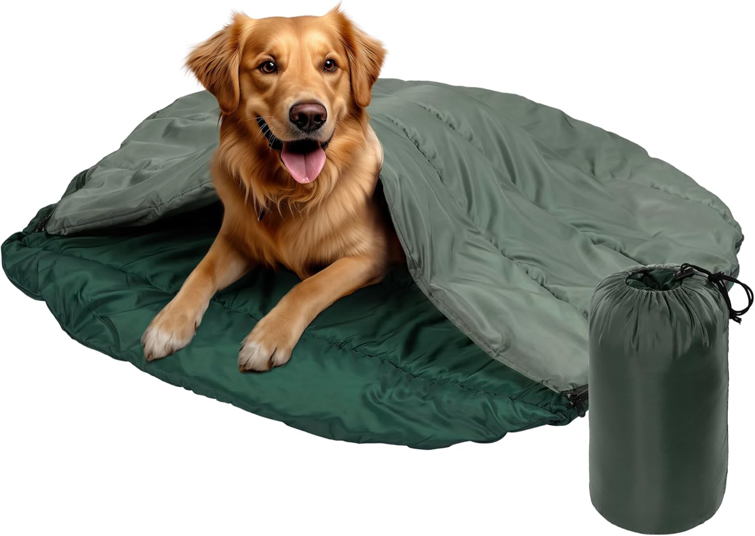 Navaris Dog Travel Bed – Portable and Foldable Outdoor Round Settle Mat for Dogs – Sleeping Bag with Double Sided Zipper – for Camping with Your Pet – Green