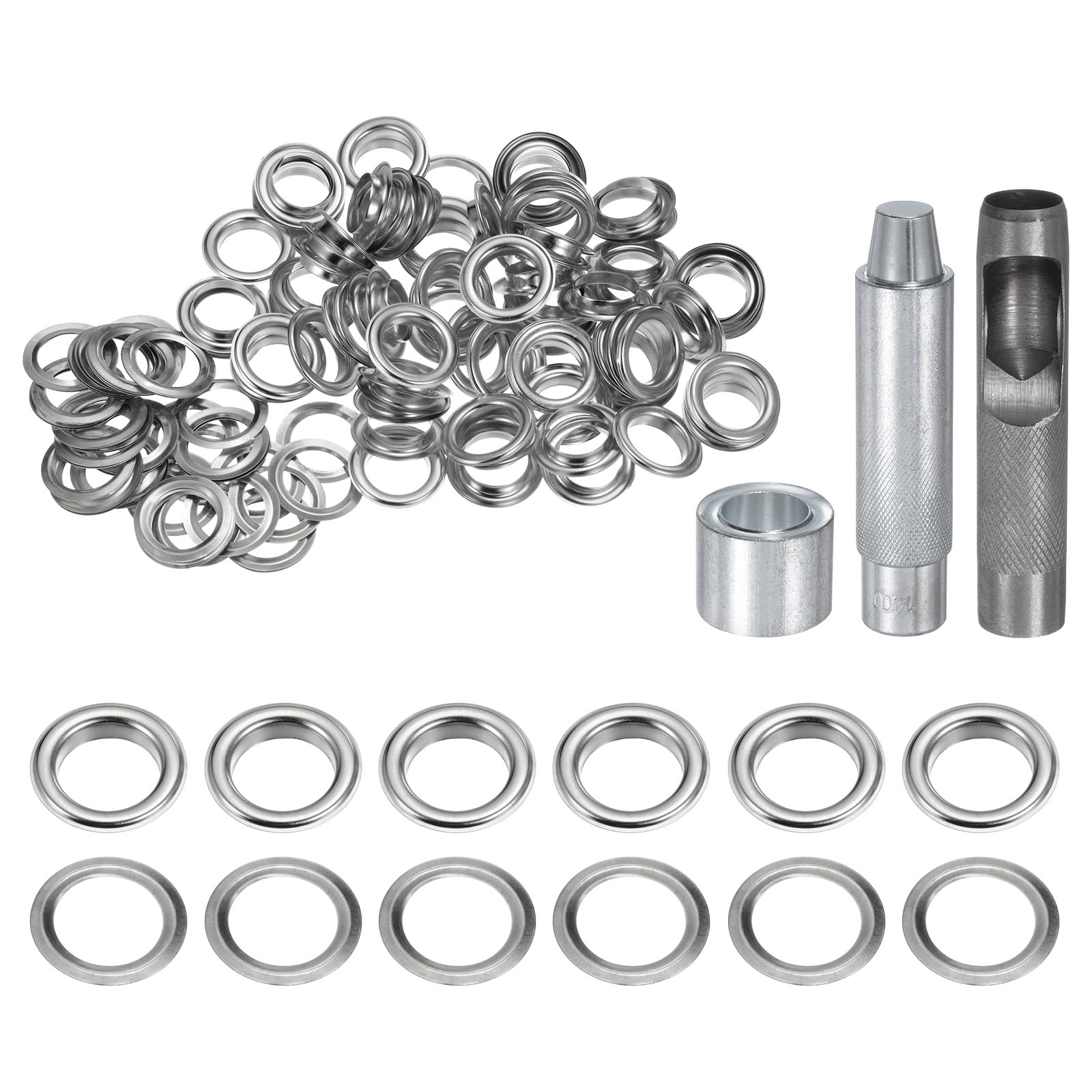QUARKZMAN 100 Pieces 17mm Copper Eyelets Tool Kit with Hollow Awl, Grommet Installation Tools for Clothes, Leather, Fabric, Belts, Silver Tone