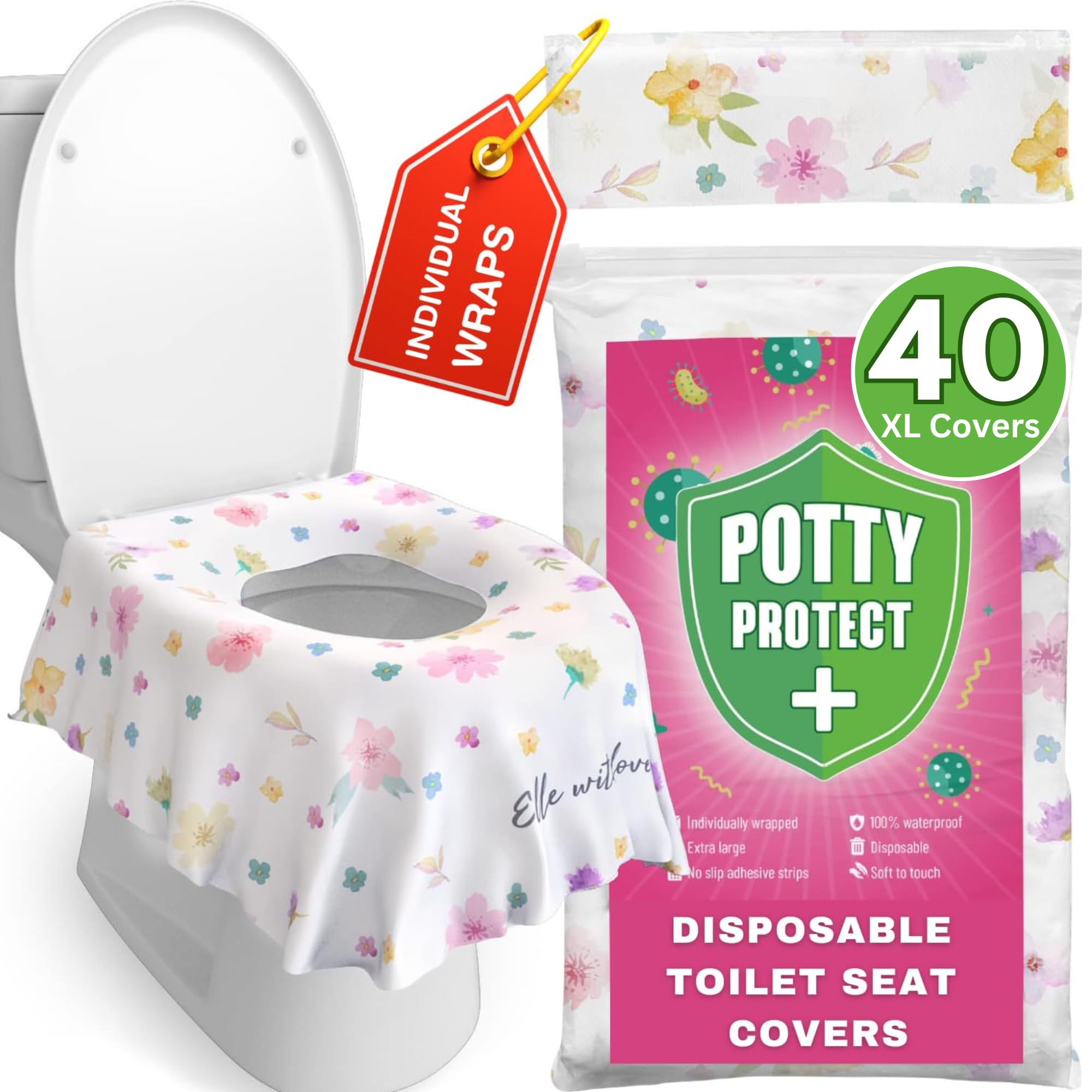 Eli with Love 40 Extra Large Disposable Toilet Seat Cover (Floral) by Eli with Love – Toddler Toilet Covers for Full Coverage On Toilet or Potty – Ideal Travel Toilet Seat Covers for Kids and Adults