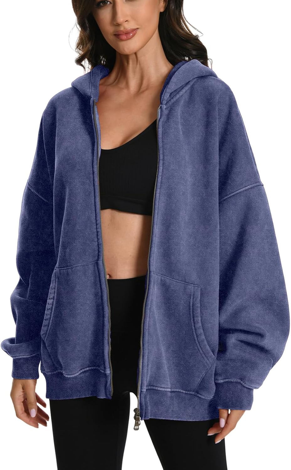 FAIABLE Womens Mens Double Zip Up Hoodie Oversized Acid Wash Heavyweight Hoodie Distress Cotton Fleece Full Zipper Sweatshirt - Image 3