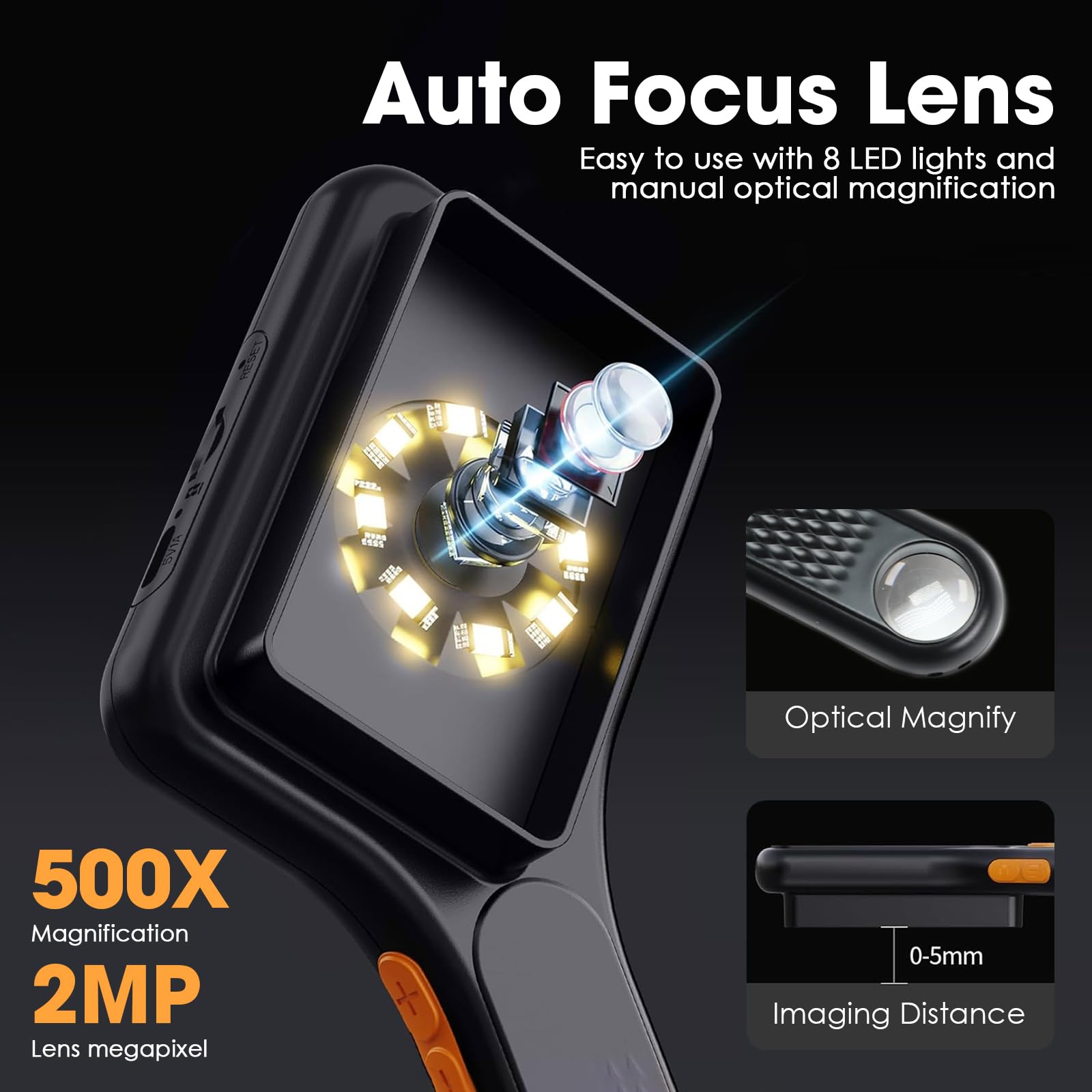 Microscopio digitale portatile 500X con schermo IPS da 3 pollici, autofocus, scheda TF da 4 GB, lente d'ingrandimento portatile USB con 8 luci LED per foto e video, registrazione e trasmissione