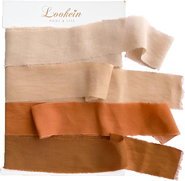 Lookein Handmade 1.5" Chiffon Silk-Like Ribbon Swatch Chart Vintage Frayed Edges Ribbon for Wedding Invitations Bouquets Gift Wrapping Decorations, Boho Terracotta