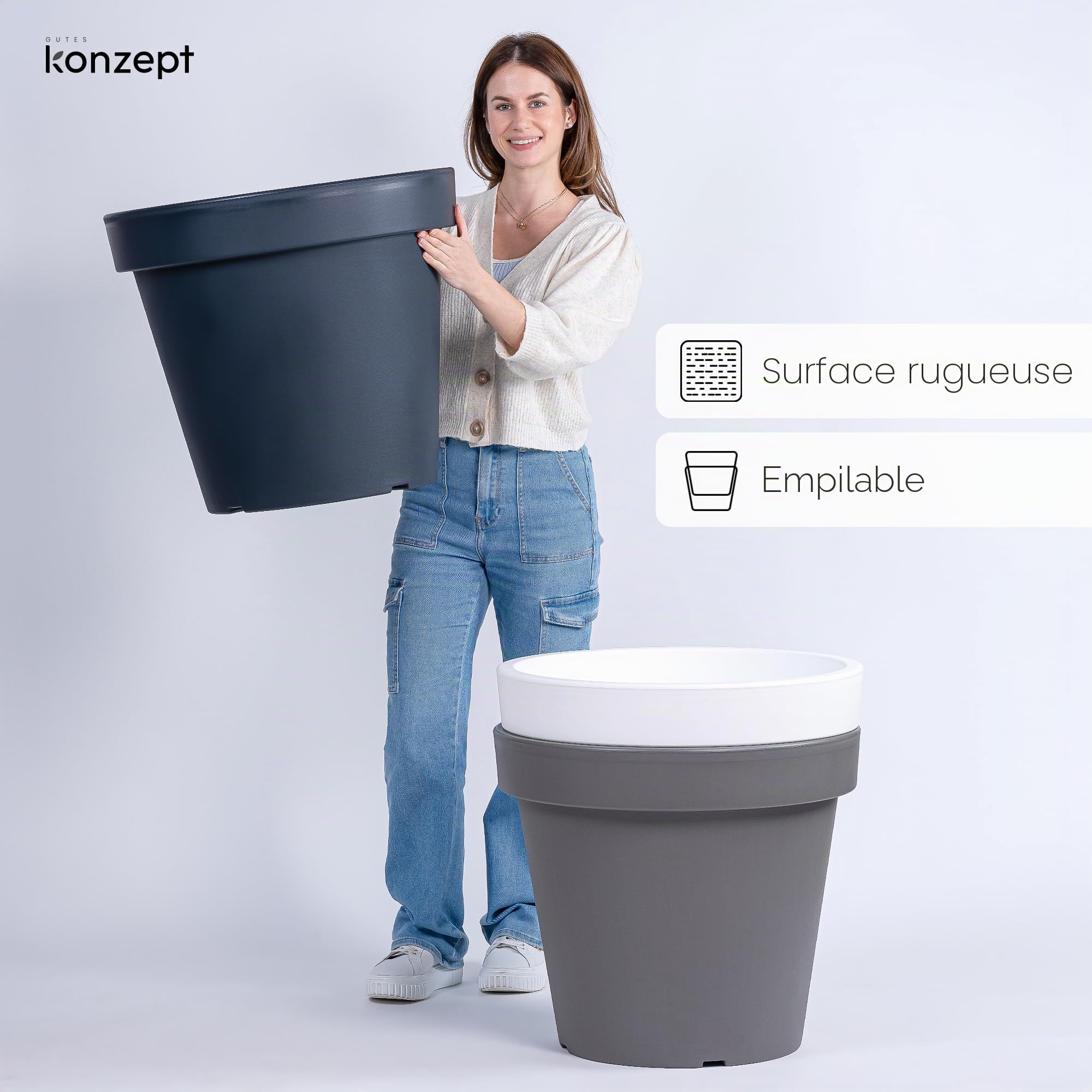 KONZEPT Pot de fleurs de 58 cm de diamètre, 52 cm de hauteur - Grand pot extérieur de 87 l de forme conique, robuste et stable, en plastique, résistant aux UV et au gel, pour intérieur et extérieur