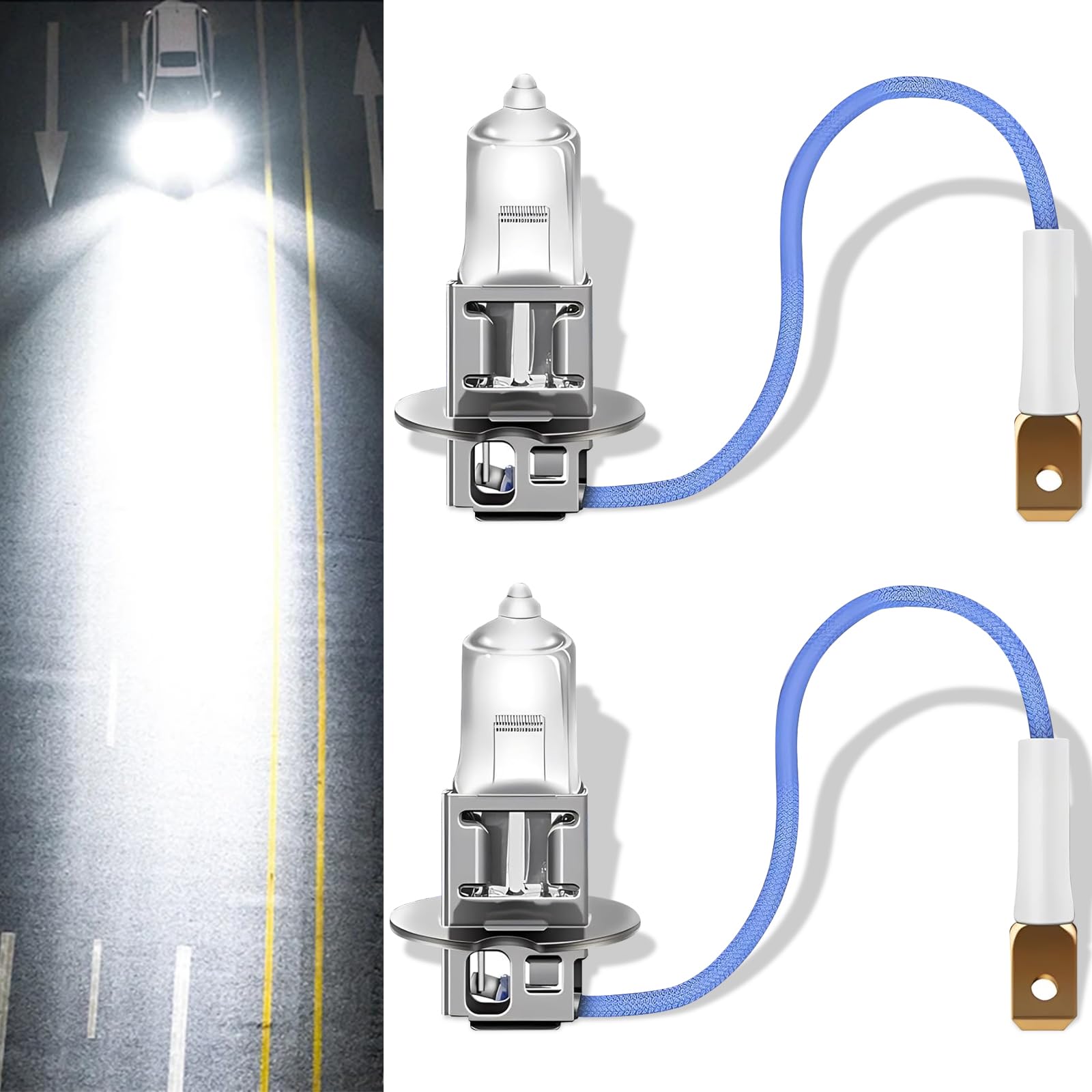 Pack-2 Car H3 Halogen Fog Light Bulb, 12V 55W Anti-UV Anti-seismic Quartz Glass Lamp Housing, High Brightness Low Beam Replacement, Universal for Cars Plug and Play Lighting Bulb (White)