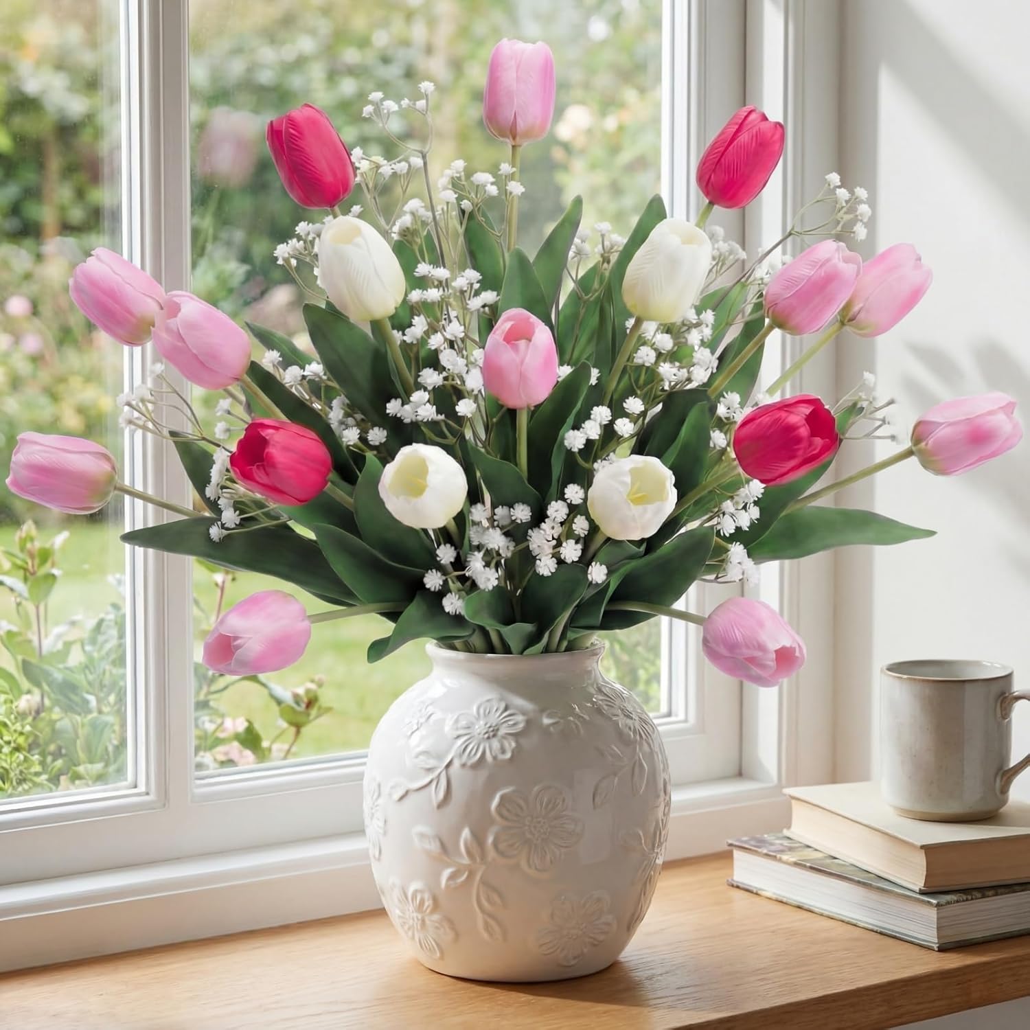 Hotop 30pcs 24 Inch Easter Artificial Flowers Easter Floral Decorations Artificial Tulip Fake Baby's Breath Flower Bouquet for Home, Wedding, DIY Gift Party(Deep Pink, Light Pink,White)