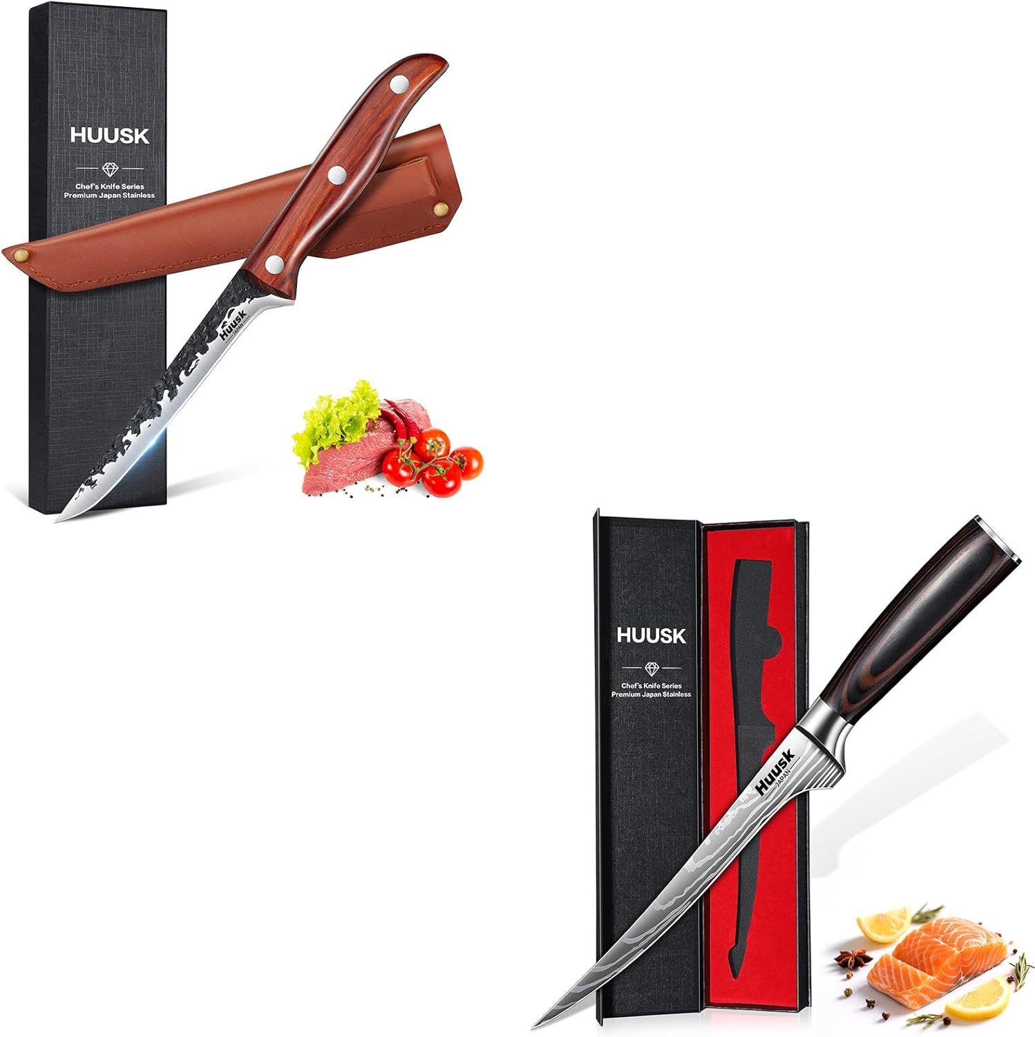 Huusk Filet Knife for Fish - 7 Inch Fish Fillet Knife Bundle with a Boning Knife for Meat Cutting,Flexible Boning Knives for Meat Cutting, Professional Japanese Fishing Knives for Meat Poultry Cutting