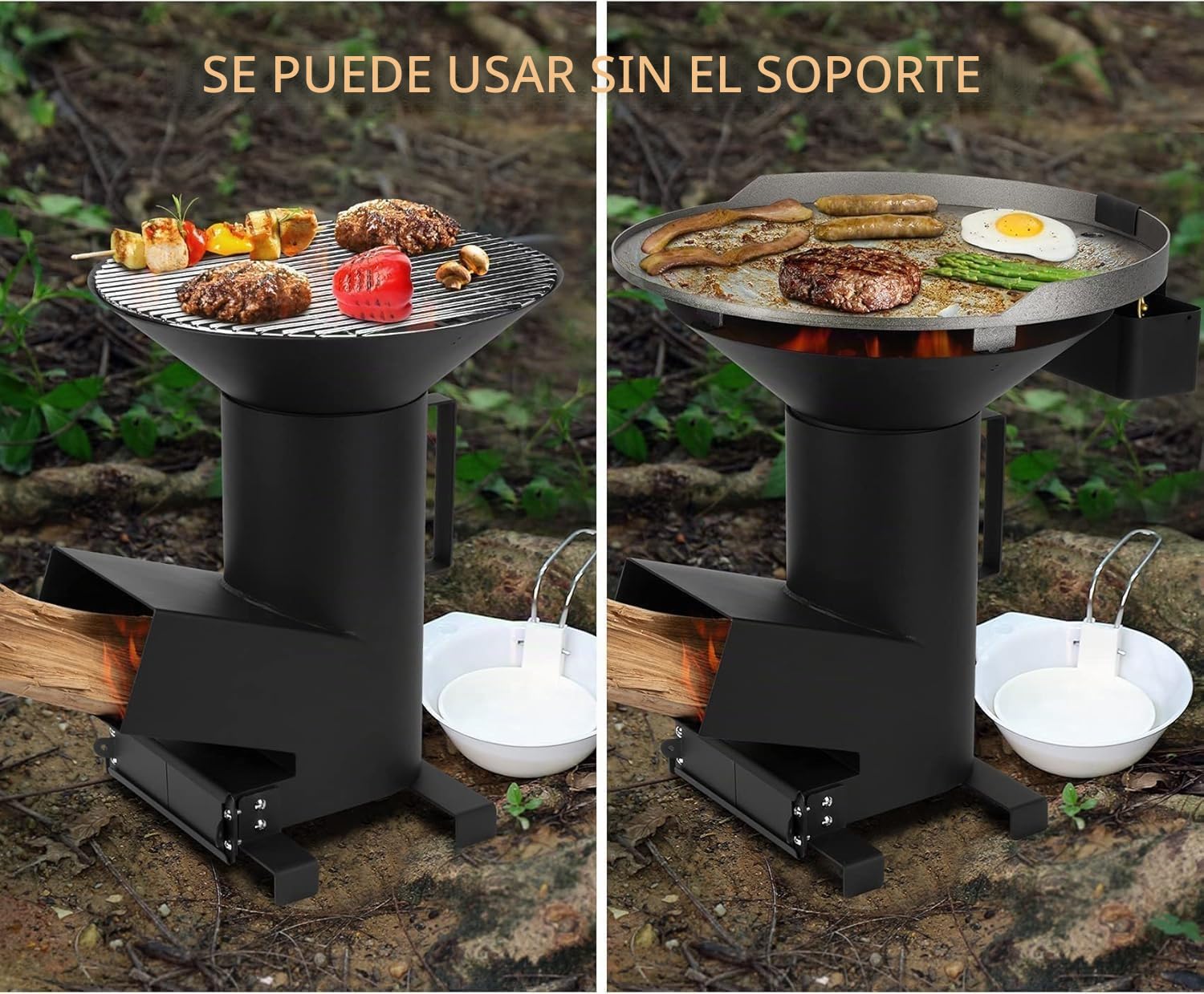 Onlyfire Estufa de Cohete de Camping Estufa Rocket Portátil, Estufa de Cañón con Placa Grill, Rejilla Grill y Rejilla para Ollas, 3 en 1 Multifunción Rocket Stove, Horno de Cohetes Exterior
