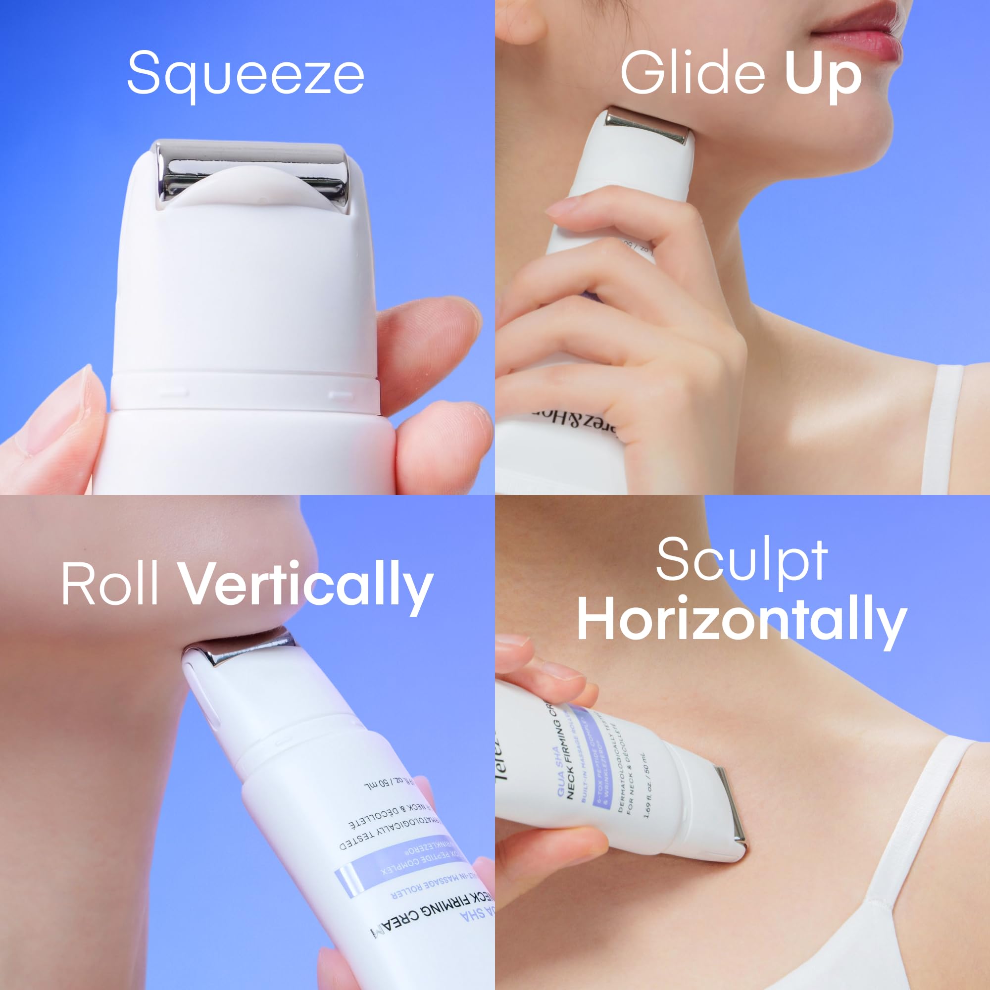 TEREZ & HONOR Gua Sha Neck Firming Cream: Korean Skin Care, Retinol, Collagen & GHK-CU Copper Peptide - Tightening & Lifting for Neck, Face & Décolleté with Built-In Massage Roller 50mL