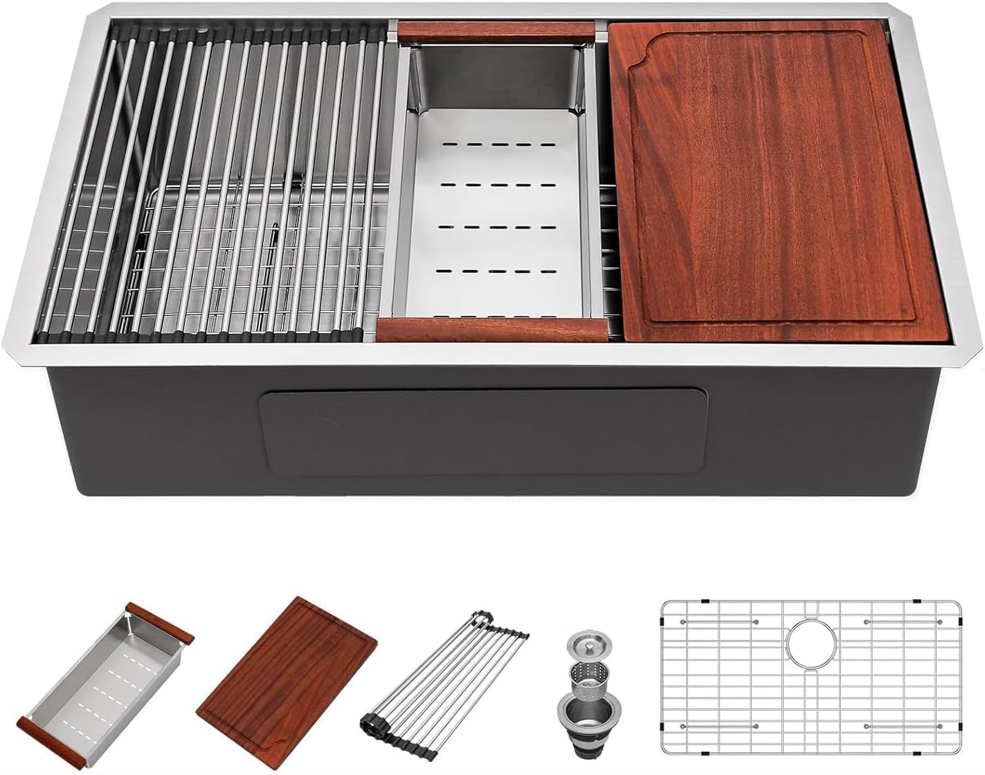 Undermount Kitchen Sink 33 Inch Single Bowl - Beslend Heavy-Duty 16 Gauge Stainless Steel Workstation, 10 Inch Deep Ledge Basin with Customized Accessories for Home Kitchen/Renovation