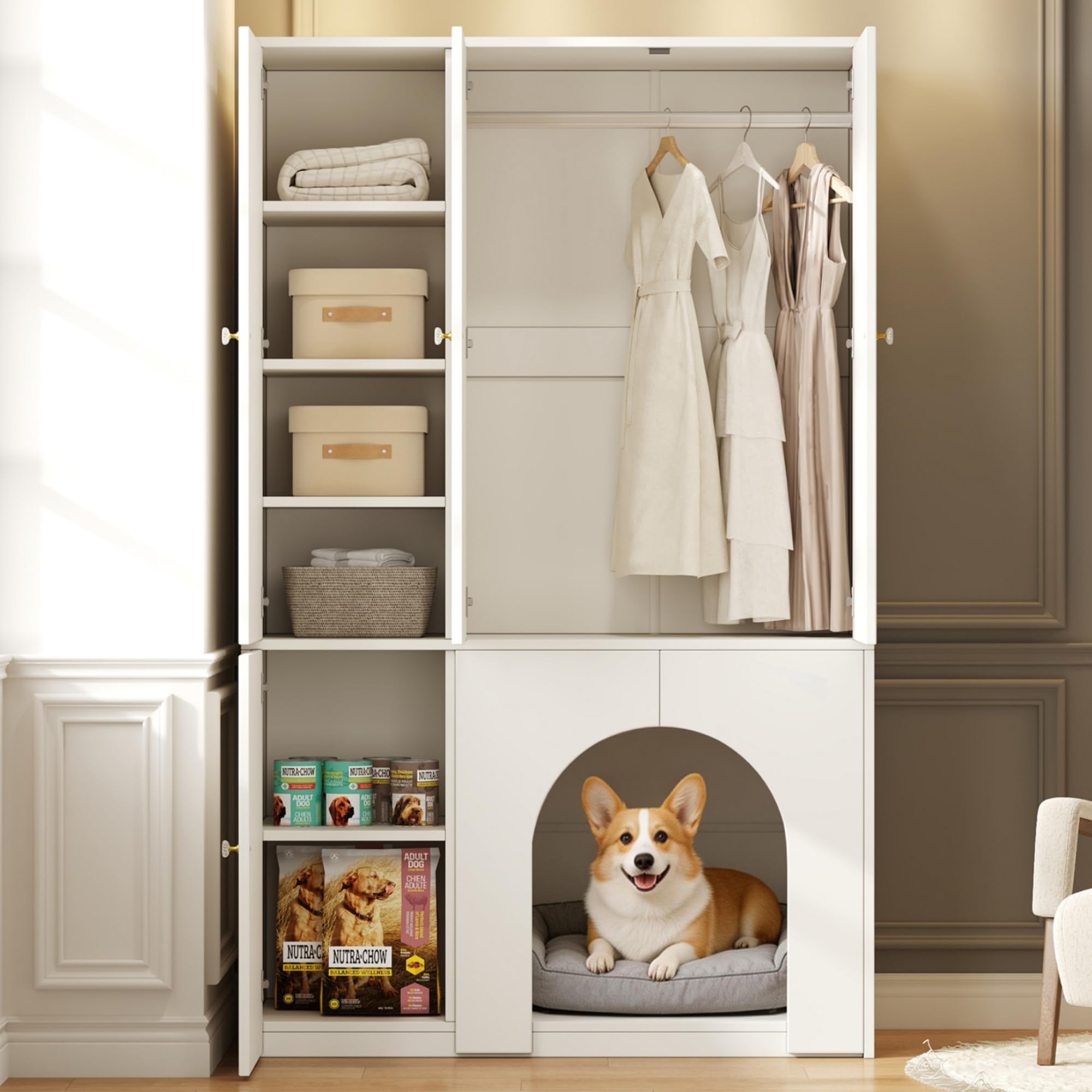 Kleiderschrank Hochschrank Aufbewahrungsschrank Sideboard mit Haustierhöhle, 3-türig, Kleiderstange & Regalböden, für Schlafzimmer Flur, 120x50x200cm Weiß