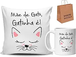 Kit Almofada e Caneca Personalizada Frase Mãe de gato Gatinha é Presente