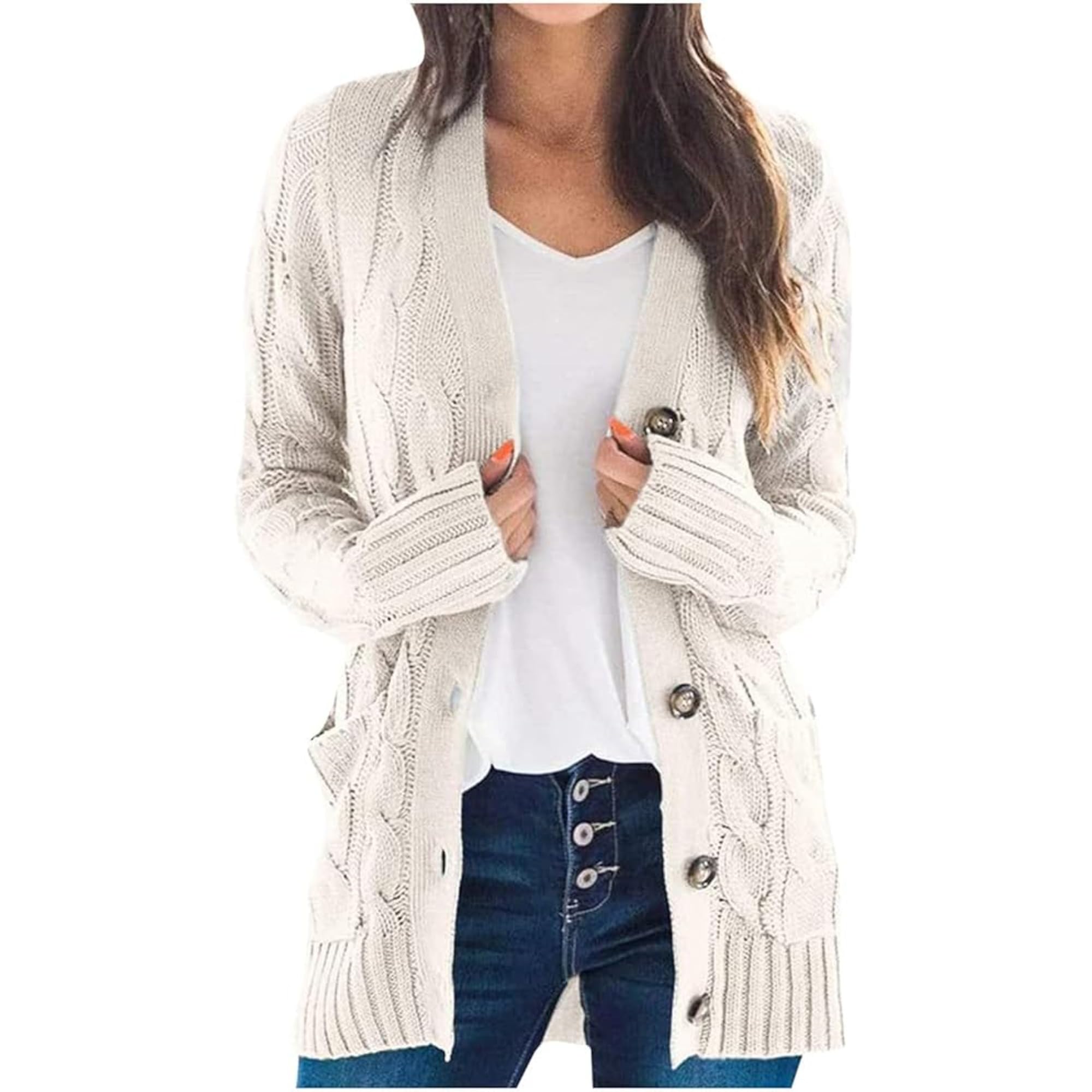 Womens Fall Long Sleeve Cable Knit Sweater Open Front Cardigan Button Loose Outerwear Knitwear Sweater Coat