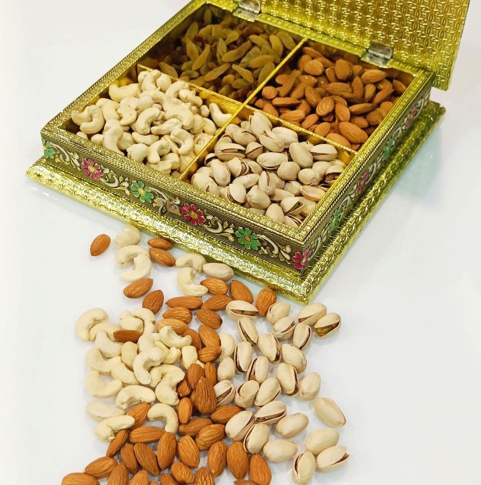Image of Premium Gold Plated Dry Fruit Box with Peacock Design | Square Decorative Metal Storage Box with 4 Compartments | Luxury Gift for Diwali, Wedding & Festive Occasions (25 x 25 x 6 cm)